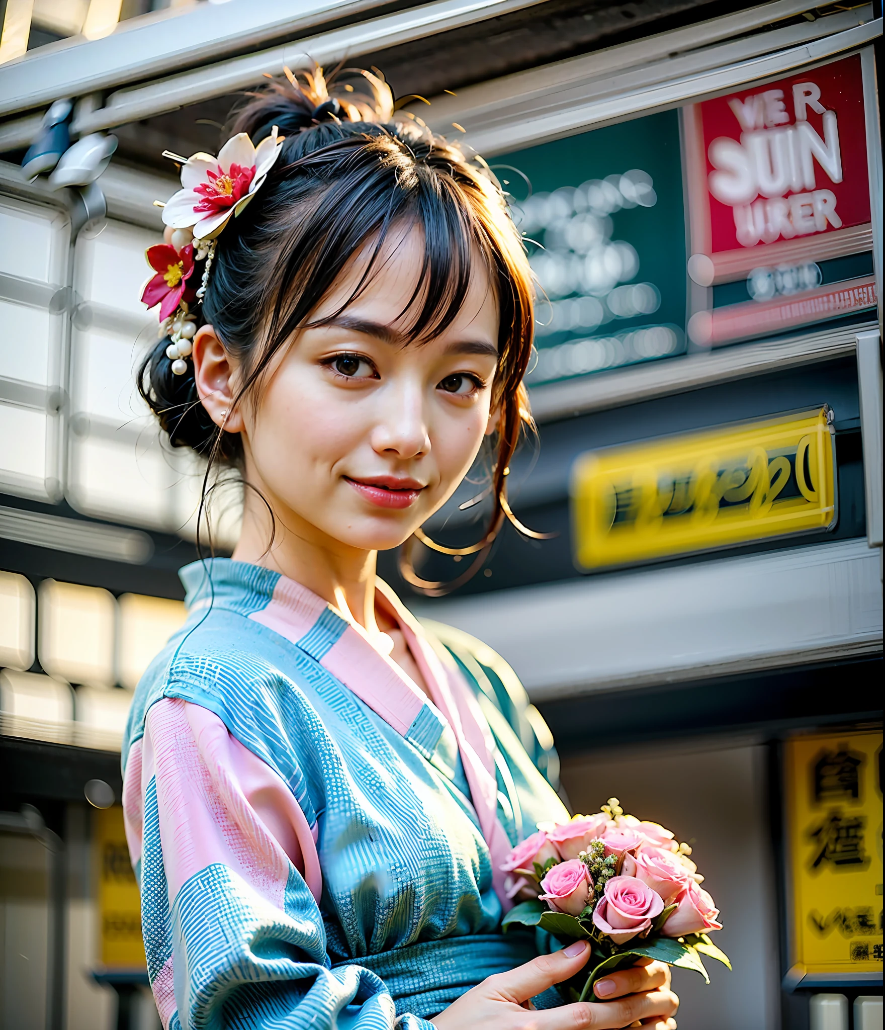 Japanese, Japan festival, Japan festival, food stall, wearing a colorful yukata, tie the head neatly, hair ornament, happy face, photorealistic, depth of field, one girl, backlit girl, clouds in the sky, cloudy weather,