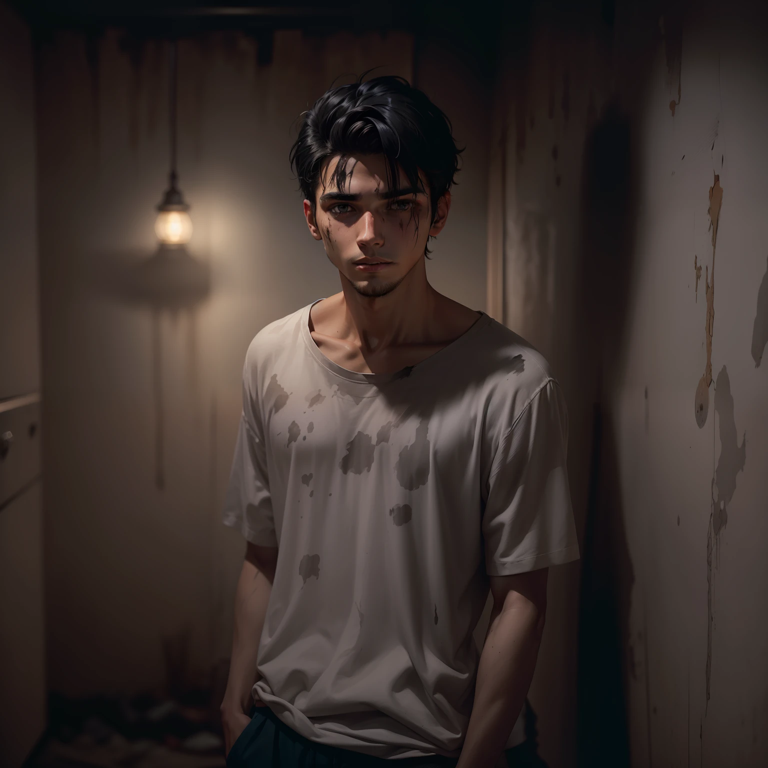 25-year-old male with short, dirt-streaked black hair, dirt-smeared face, plain white shirt, standing inside a small dark room in a nocturnal environment