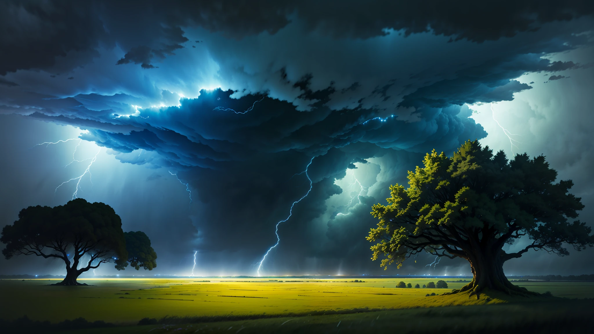 High quality, master quality, 4k, midnight rain, highly detailed, thunder storm, dark stormy clouds, rushing wind, plain grass landscape, wet lands, few giant trees, even lighting, dramatic lighting, anime style