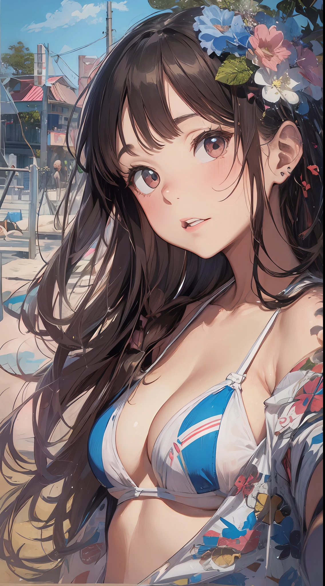 White off-the-shoulder bikini on the beach in Palau(Bikini without shoulder straps、No shoulder straps、Shoulder out)Surreal portrait of a schoolgirl in Japan, Inspired by the technique of Antonio López, Chuck Close, Ron Mueck, Richard Estes, and Marilyn Minter.