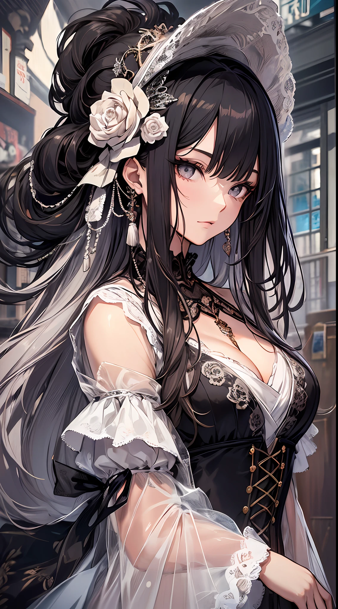 Focus on the person. We create and express the best shining composition of the person. ((Masterpiece)), (((highest quality)))), ((Ultra detail)), (Ultra realistic), (Very detailed CG illustration), (Very delicate and beautiful), Best masterpiece of beautiful girl, highest quality, realistic skin, realistic fabric, realist illustration focusing on girls with realistic textures, Japan people, realistic and ultra-detailed eyes focusing on the center front. This is the absolute rule, and the following sentence expresses the image quality. It is the greatest masterpiece in the history of the class of Inuitsuki Ichigo, in which the owner of the greatest painting talent in human history met an unparalleled beauty and risked his life to depict the most beautiful figure. Create stunning anime artwork that is currently trending on seaStation, showcasing exquisite beauty and captivating aesthetics. "What unfolds in front of me is a beautiful girl wearing Gothic Lolita fashion. Her presence is overwhelming, her vision surpasses that of her predecessor, and she is exquisitely frightened at the hands of a hyperrealist artist.
The characteristic figure of the beautiful is attracting more attention by Gothic Lolita fashion. Her black dress is designed with attention to detail and decorated with luxurious lace and ribbons. It is long enough to touch the floor and has fine rose embroidery on the hem.
On her chest, a pure white chiffon blouse is visible, and an elegant high-neck design emphasizes her delicacy. The sleeves of its blouse are proceeding to wrap around the arms, the edges of which are delicately finished with lace and ribbons.
On her head is a black lace bonnet, the edges of which are studded with fine pearls. The elegant decoration beautifully frames her expression.
In her hand she has a black parasol decorated with lace, the elegant design of which accentuates her femininity. and has been changed to a fantastic existence.
Her face is even more beautiful with a blac