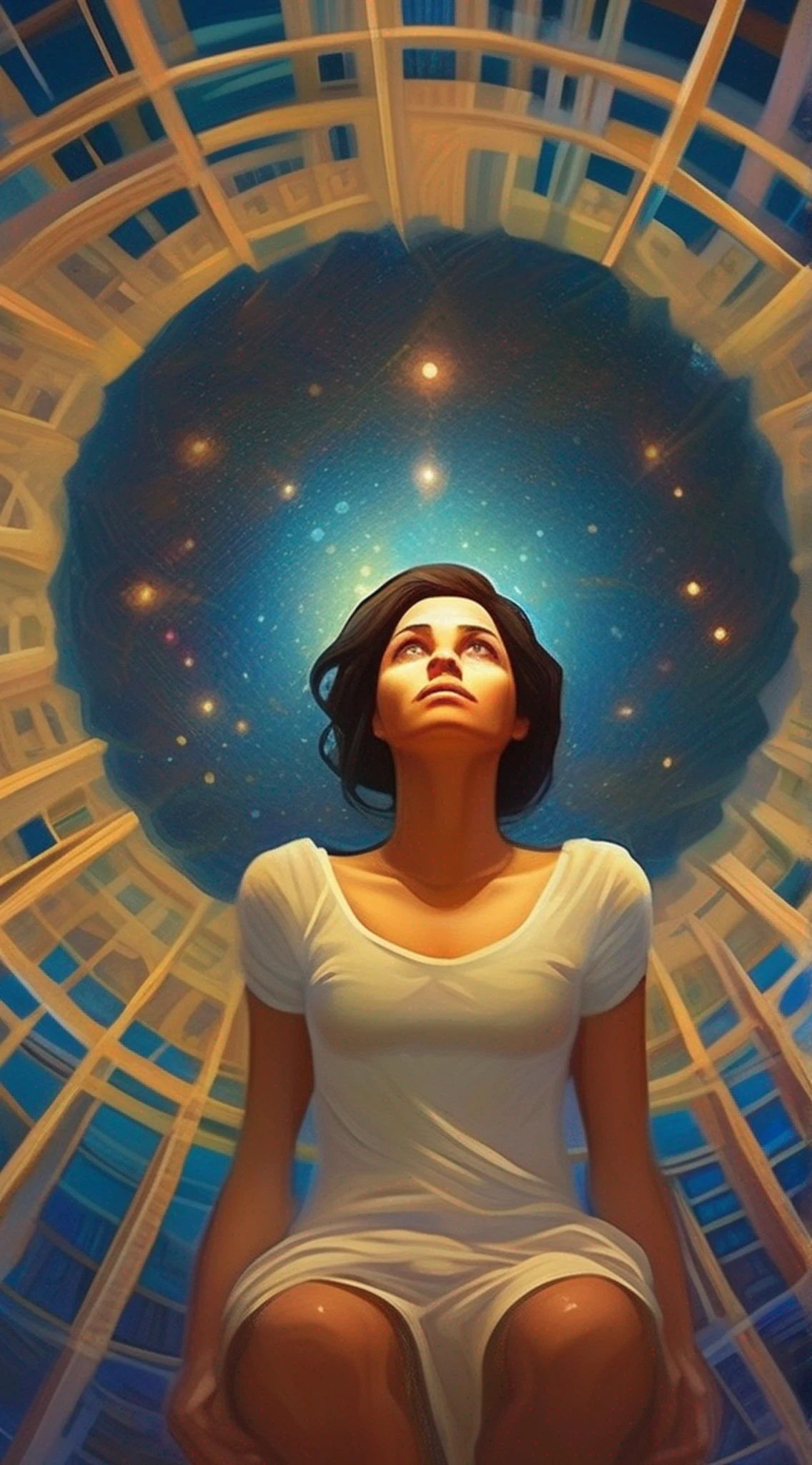 uma bela mulher latina, corpo inteiro, looking up at the audience, symmetric, olhos fechados, sorrindo levemente, Despertar espiritual, detalhes intrincados, Cosmos, Ethereal, misterioso, ambientes complexos, Pinceladas, luzes, Greg Rutkowski, RHADS, Bipe, Makoto Shinkai, Lois van Baarle, Ilya Kuvshinov, Horse, tom bagshaw, Alfonse Mucha , master part, super high resolution, alta qualidade,
