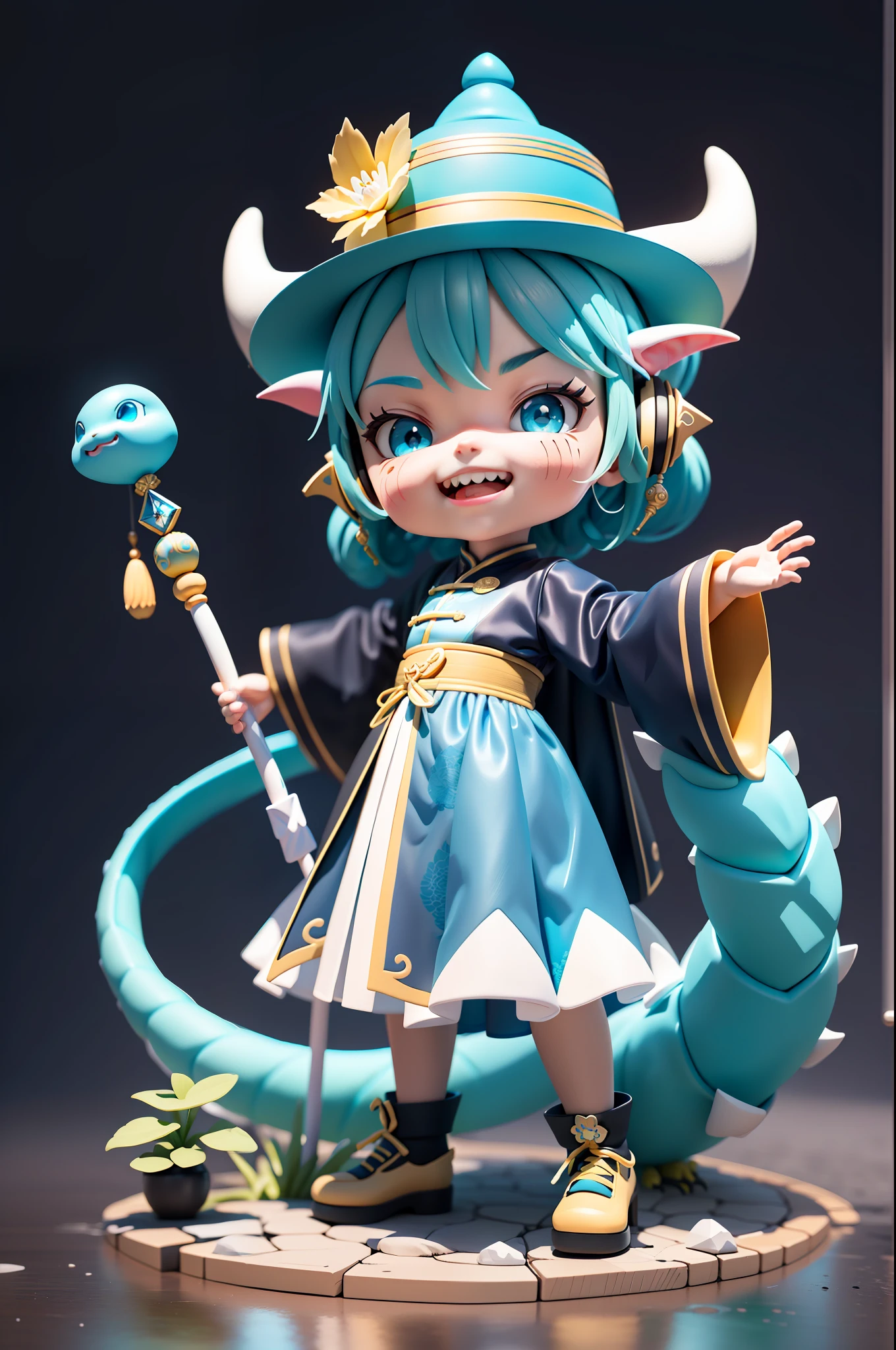 (Daisaku),(Need),(Super meticulous),(full bodyesbian:1.2),(soio),cyan theme,Dragon Loli Magician,Exquisite Chinese faucet hat,Dragon's horn,Dragon whiskers,adolable,Open-mouthed,grin,Earphone,dragon scale,Staff,Popmart blind box,Clay texture,Treading on the ground,Black and white background,natural  lightting,Best quality at best,hyper-detailing,arte 3D,c4d, OC renderer, a 3D render, 8k