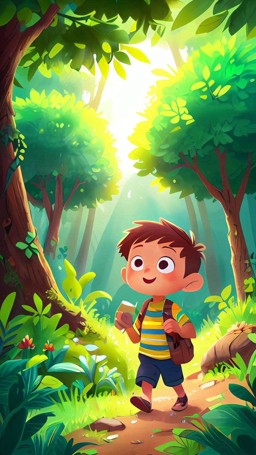 a cartoon boy walking through a forest with a backpack, childrens art in artstation, mobile game art, kids book illustration, colorful kids book illustration, inspired by Goro Fujita, children book illustration, game illustration, childrenbook illustration, background artwork, children’s book illustration, children's book illustration, game art, childrens book illustration, illustration for children