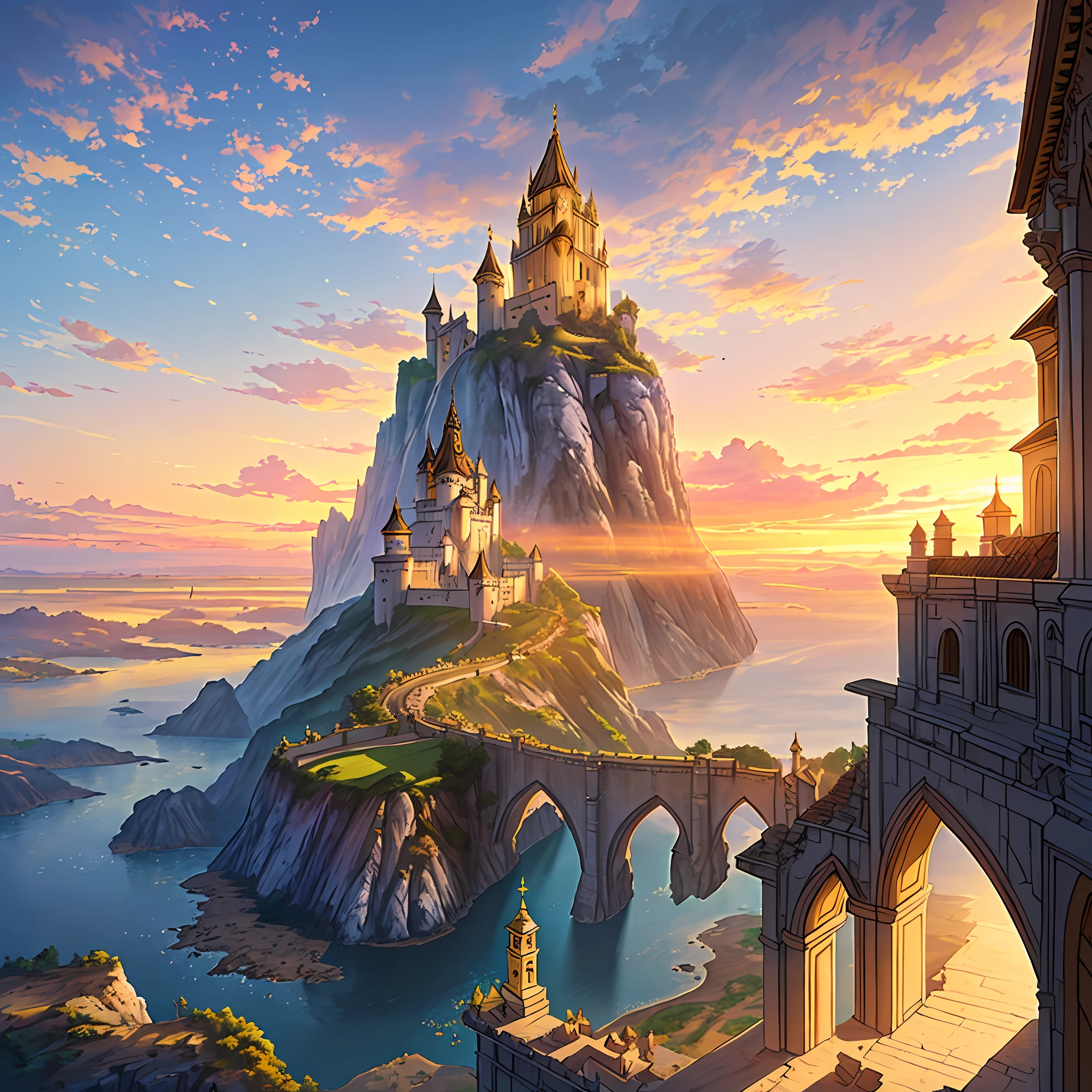 (((obra-prima))), melhor qualidade, detalhes ultra-realistas, um castelo flutuante nas nuvens, com torres altas e pontes suspensas, illuminated by the golden lights of sunset.