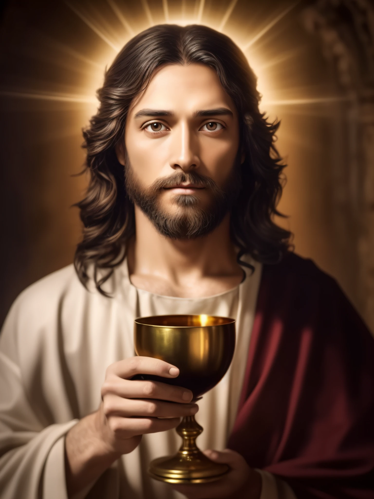 Retrato de Jesus Cristo, foto realista, ultrarrealista, cinemactic, fundo complexo escuro, luzes quentes, rays of light behind the head, pele detalhada e ultrarrealista, olhos castanhos esverdeados, barba e cabelo com texturas hiperrealistas, holding with one hand a realistic golden chalice overflowing wine, com a escrita gravada: "The Blood of Jesus" na parte da frente, another hidden hand. ultra-realistic white tunic and red fabric robes, UHD, profundidade de campo, foto de Jesus.