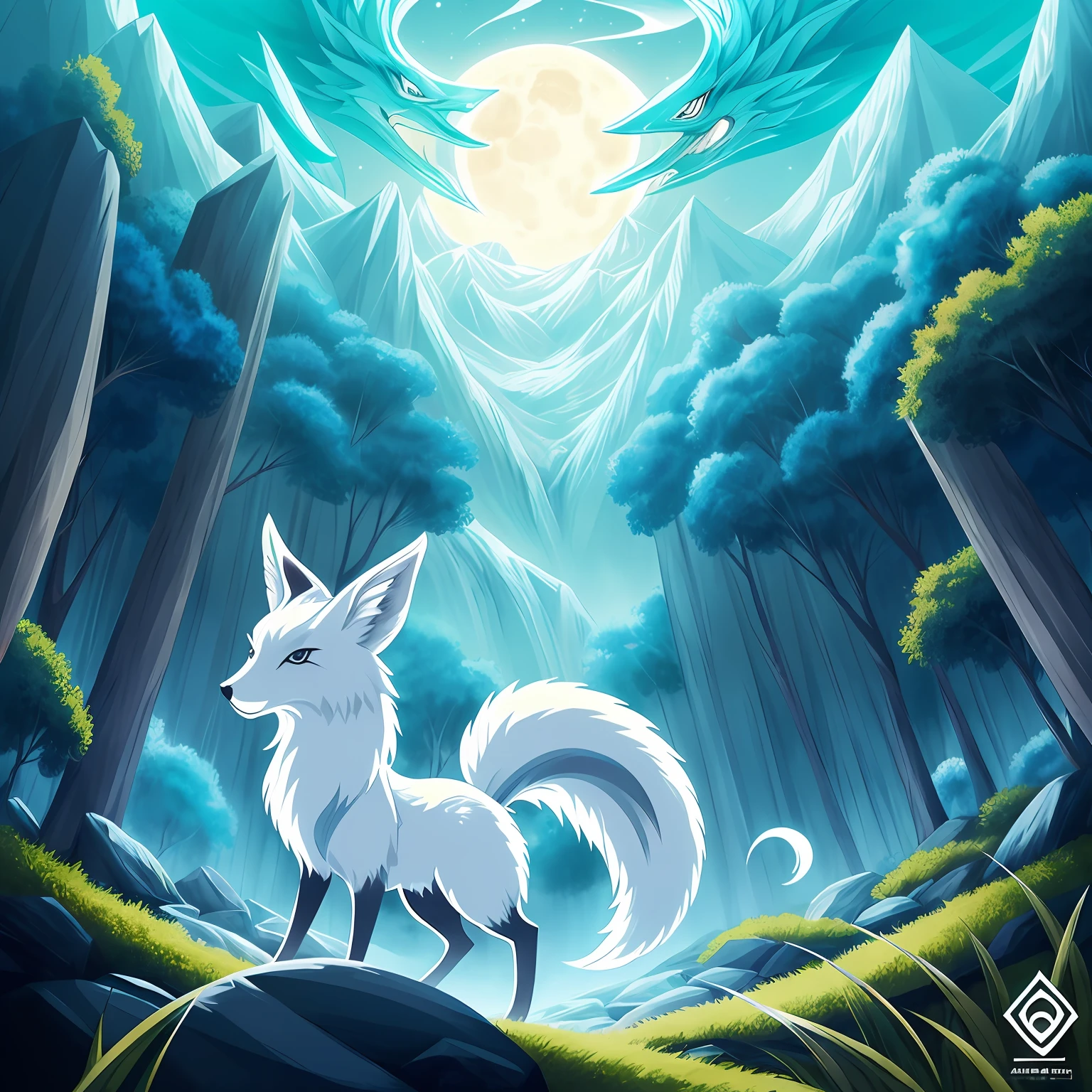 Desenho de uma raposa com cabelo branco sentada em uma pedra, ethereal fox, raposa de nove caudas,, kyuubi, arte detalhada onmyoji, nove caudas, beautiful fine art illustration, mythological creature, raposa, bela arte digital, exquisite digital illustrations , mizutsune, inspired by the mythical creatures Wildnet, arte digital em pixiv, luz forte, alto contraste, tema de filme de terror, atmosfera escura, HD --auto