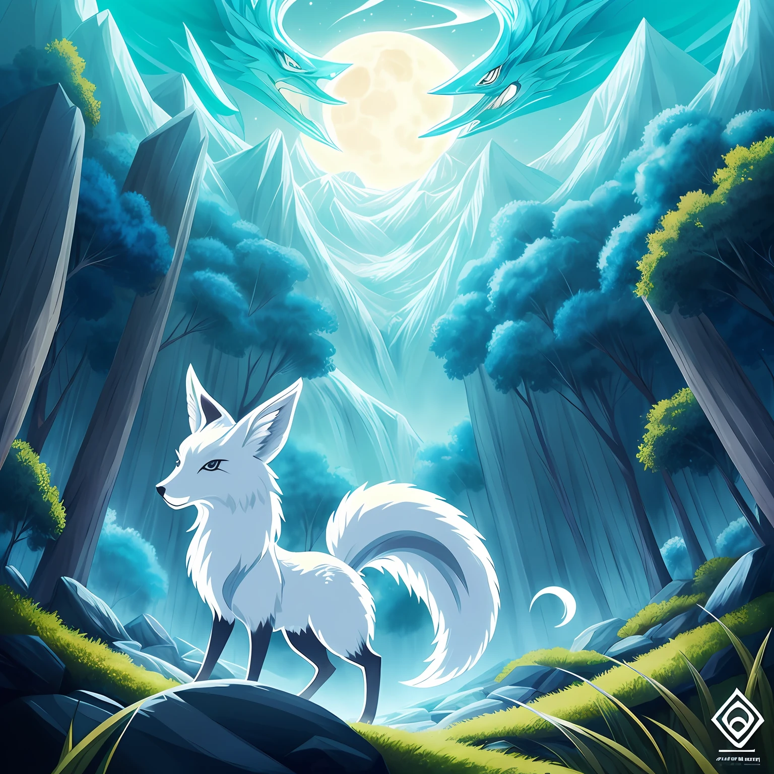 Desenho de uma raposa com cabelo branco sentada em uma pedra, ethereal fox, raposa de nove caudas,, kyuubi, arte detalhada onmyoji, nove caudas, beautiful fine art illustration, mythological creature, raposa, bela arte digital, exquisite digital illustrations , mizutsune, inspired by the mythical creatures Wildnet, arte digital em pixiv, luz forte, alto contraste, tema de filme de terror, atmosfera escura, HD --auto