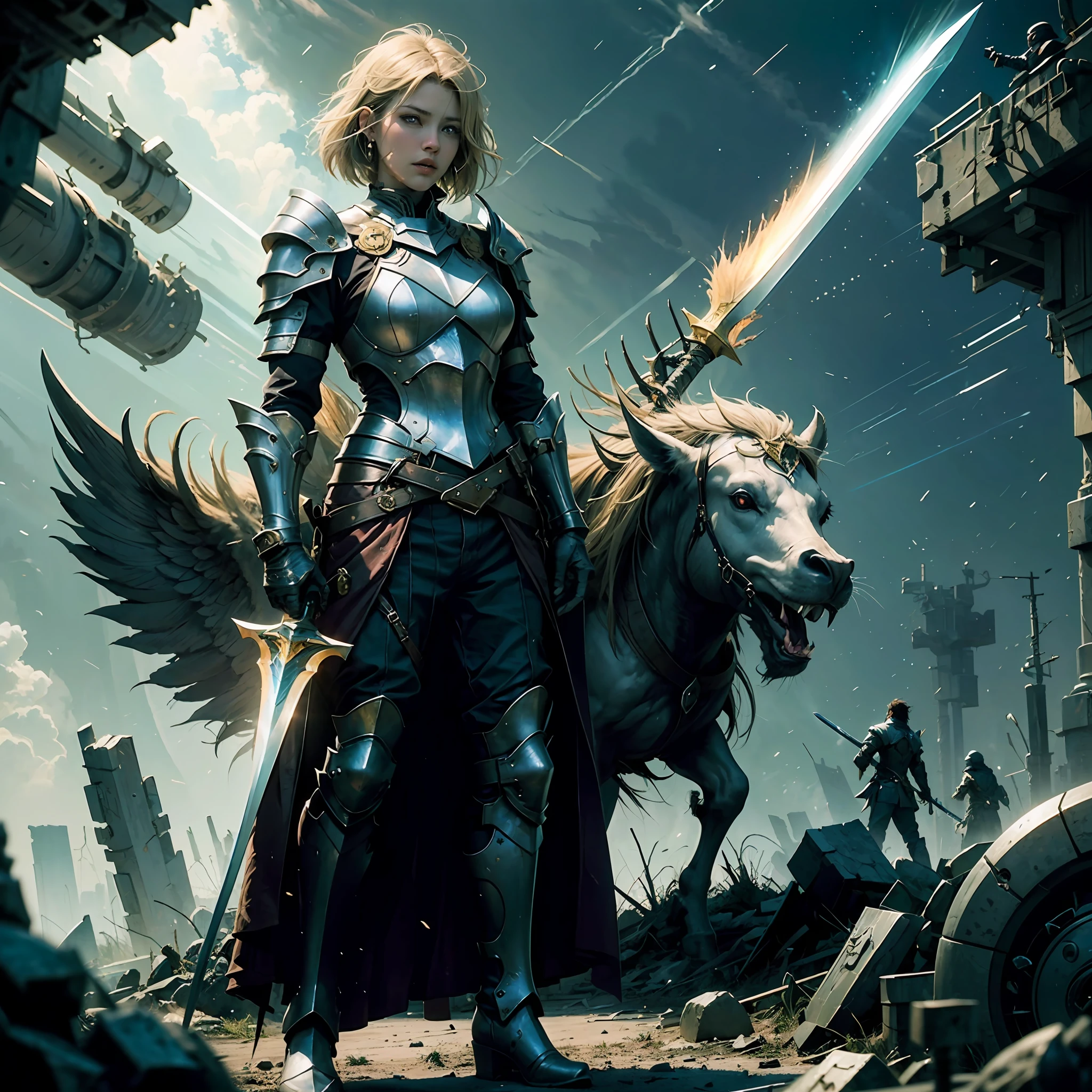 ((high quality)), ((masterpiece)), 8k, large shoulder pads, plate armor, Garen, League of Legends, demacia, 2 handed sword, giant sword light rays, extremely detailed CG unity 8k wallpaper, game cg, gloves, boots, full body, holding weapon, blonde hair, short hair, muscular build, holy sword coming from sky, massive pauldrons, massive sword --auto