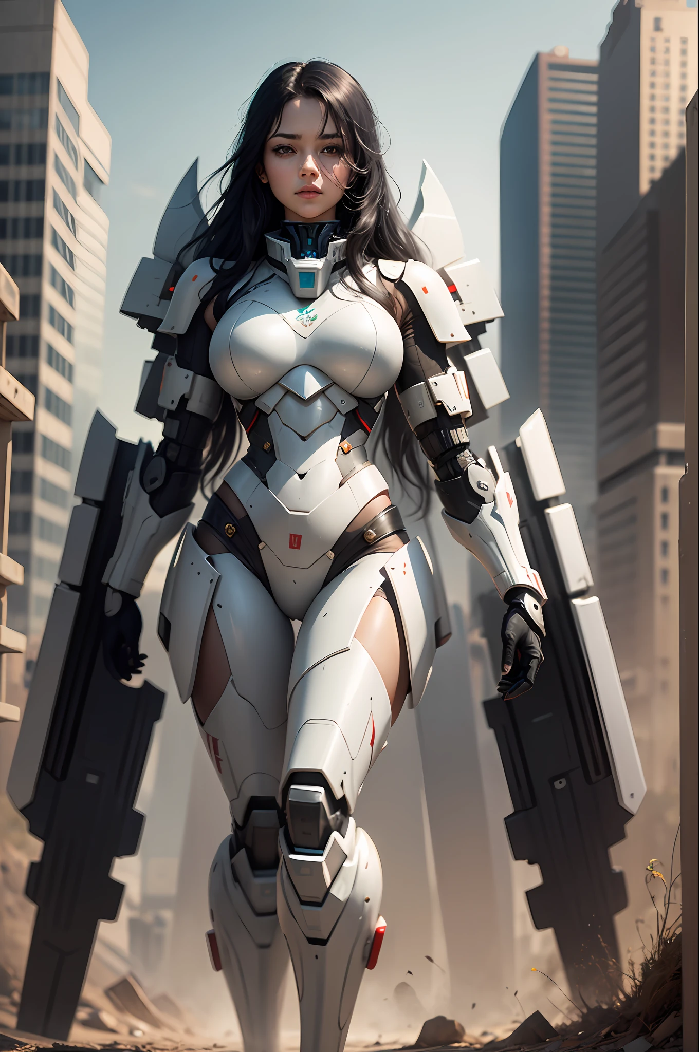 masterpiece, 4k, potrait of full body pretty woman, american woman, long straight black hair, wearing mecha armor, cinematic scenes --auto --s2
