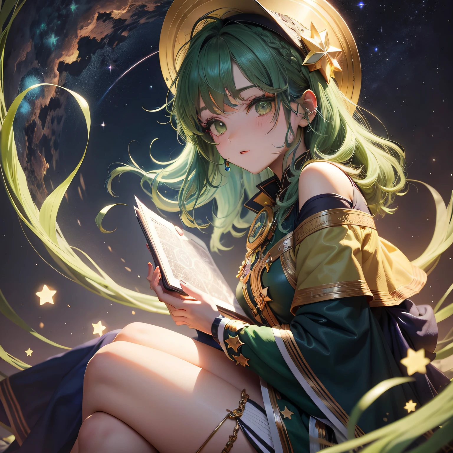 Anime girl with green hair and hat reading a book, beautiful celestial mage, portrait knights of zodiac girl, anime fantasy illustration, Anime art wallpaper 8k, anime girl with cosmic hair, anime art wallpaper 4k, anime art wallpaper 4k, guweiz on pixiv artstation, anime style 4 k, artwork in the style of guweiz