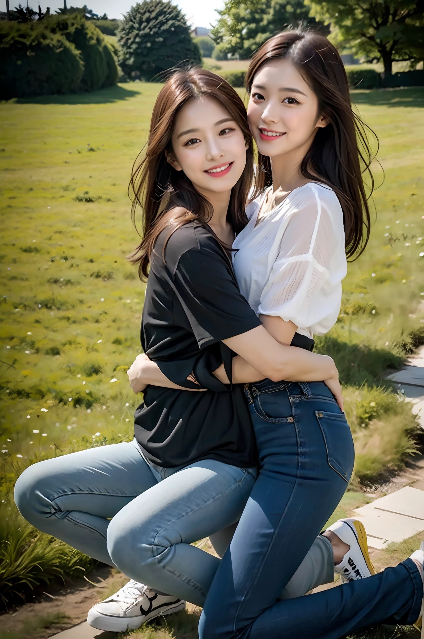 (RAW photogr,超高分辨率,tmasterpiece,best qualtiy:1.4),Complicated details,2 20 year old Korean girl,Wear a loose black T-shirt and skinny jeans,Stand on the grass and take pictures,hugs,Intimate relationships,Detailed meadow,A sweet smile on a small face,The face and skin are pink and fair,Ultra-realistic facial details,Playful and coquettish pose,The calves are straight and slender:1.5,Wear high-end branded colorful travel shoes:1.5,eventide,warm color,Broad lighting,naturalshadow,Shoot from the back,Beautiful waist and hips,taking a full body photo:1.8