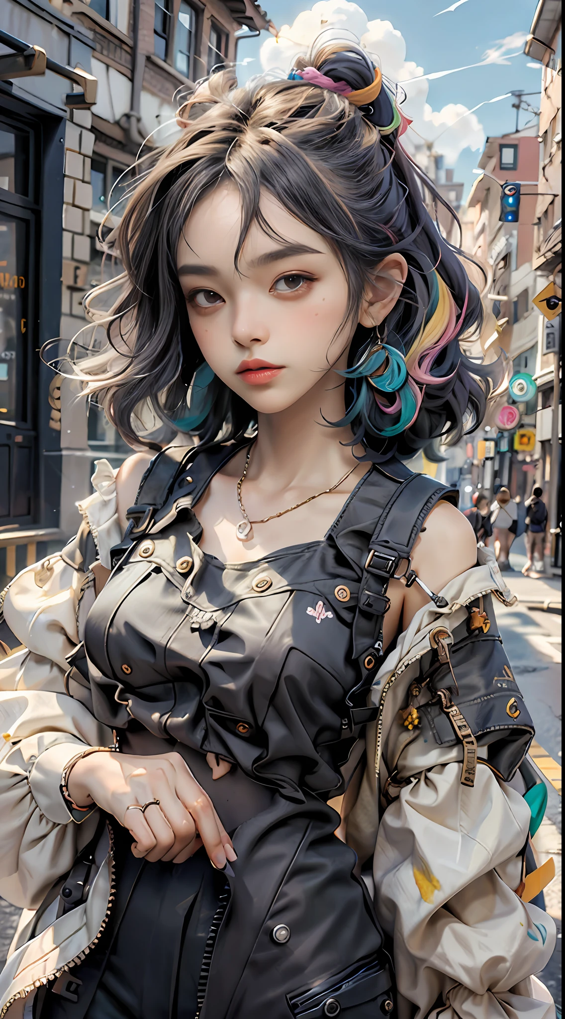 masterpiece, best quality, spring outfit, colorful hair,  outdoor,cloud ,upper body,