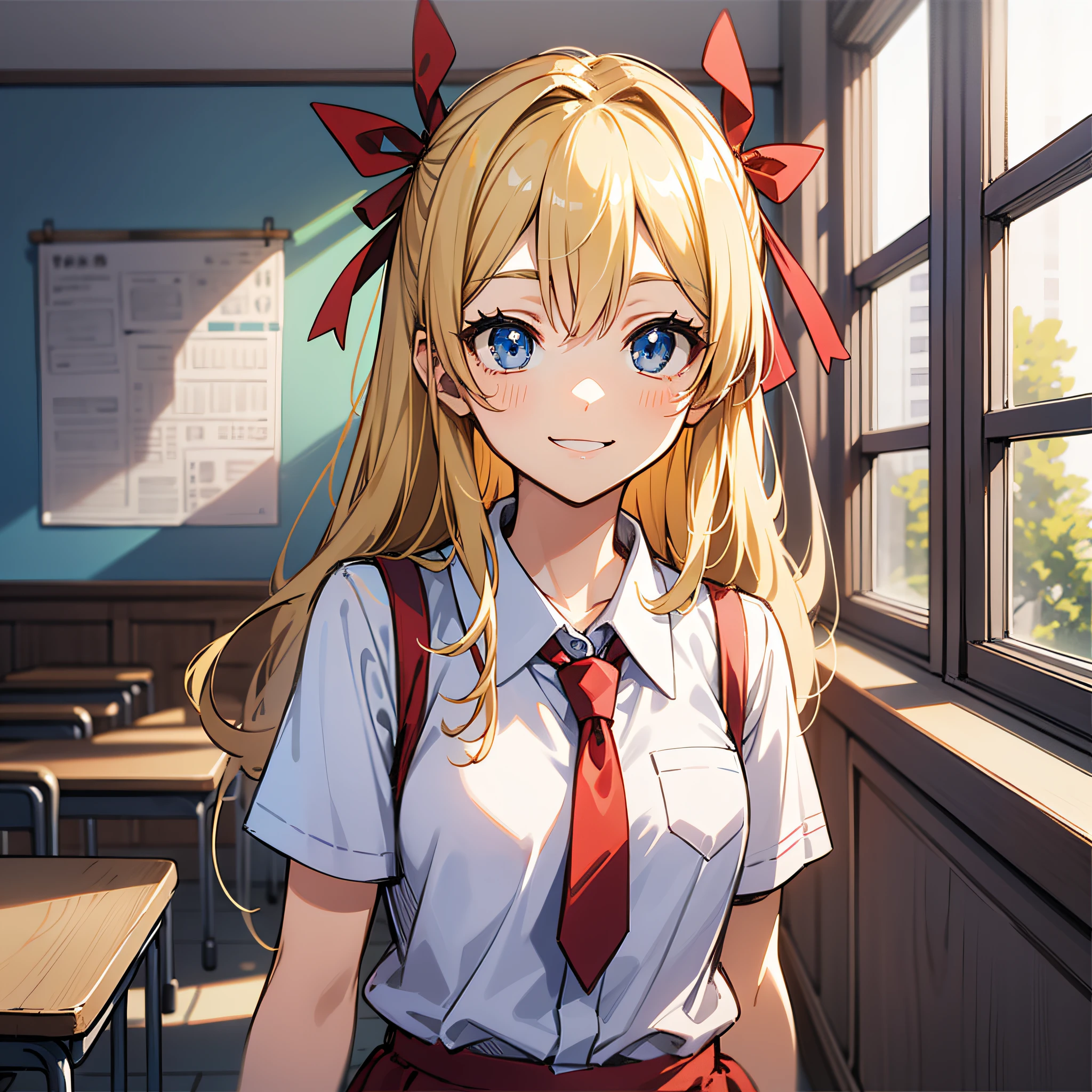 (masutepiece, Best Quality) Blonde twin-tailed girl, Blue eyes, A smile, Wearing school uniform, Tie a red ribbon in her hair, in a school room, frontage