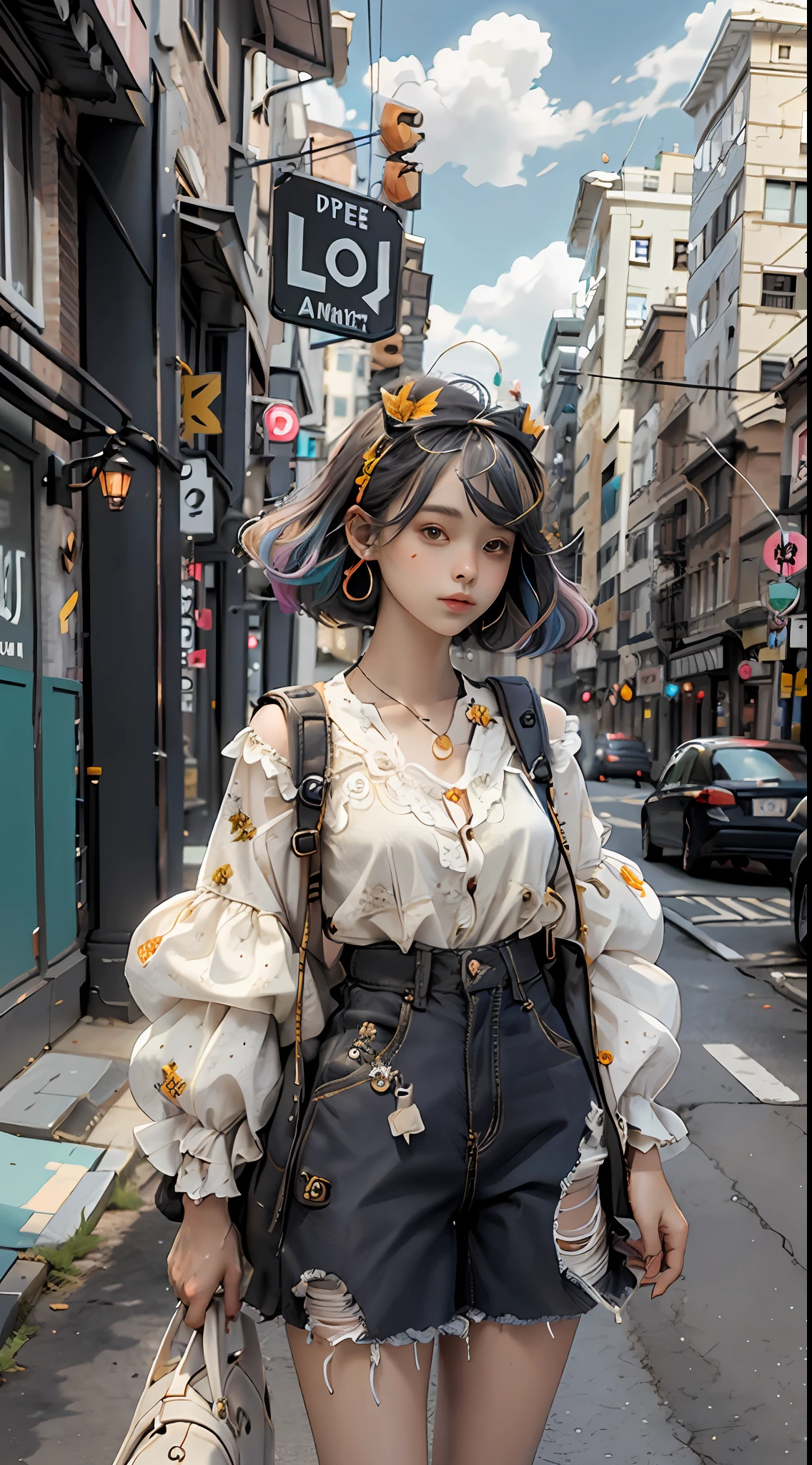 masterpiece, best quality, spring outfit, colorful hair, outdoor,cloud ,upper body,