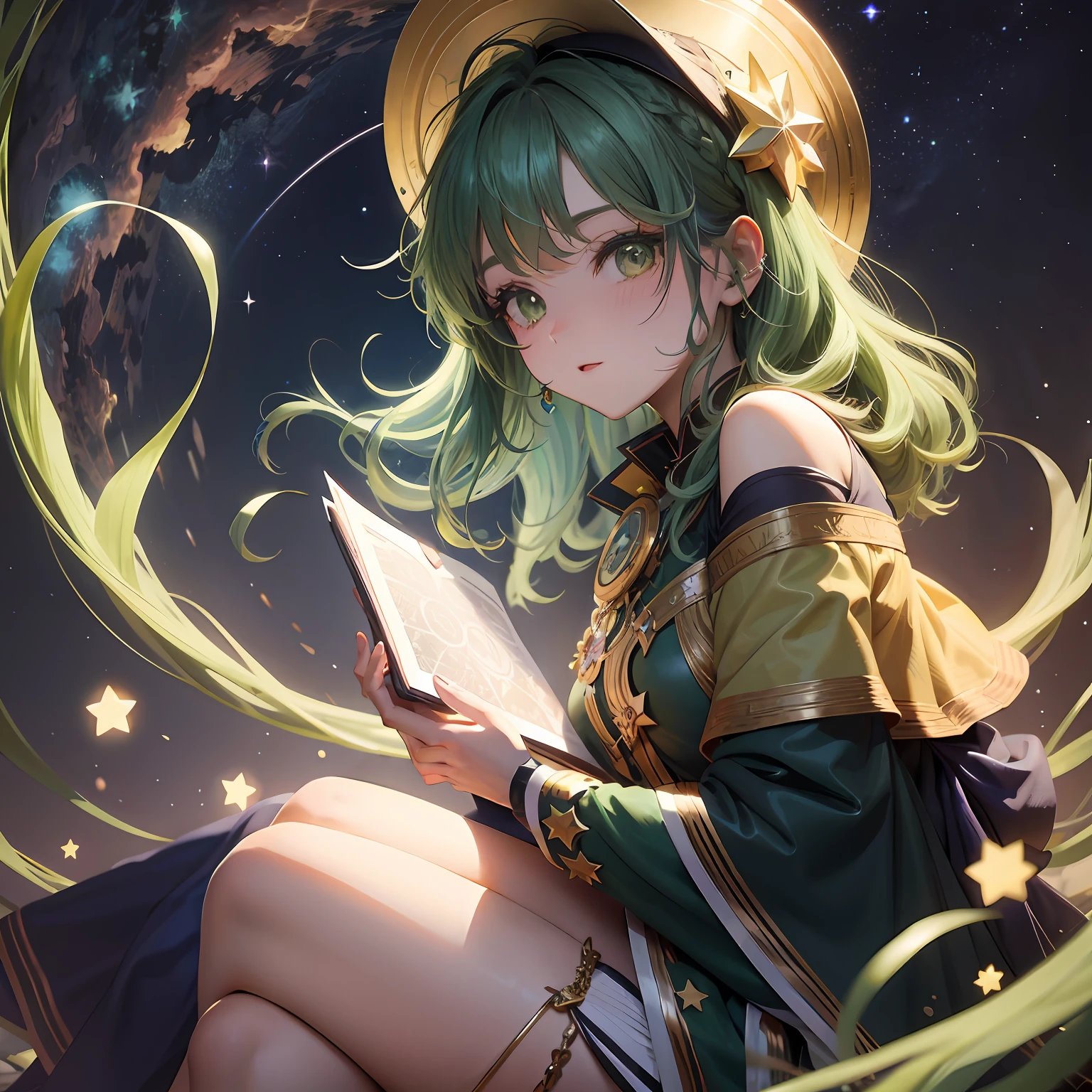 Anime girl with green hair and hat reading a book, beautiful celestial mage, portrait knights of zodiac girl, anime fantasy illustration, Anime art wallpaper 8k, anime girl with cosmic hair, anime art wallpaper 4k, anime art wallpaper 4k, guweiz on pixiv artstation, anime style 4 k, artwork in the style of guweiz