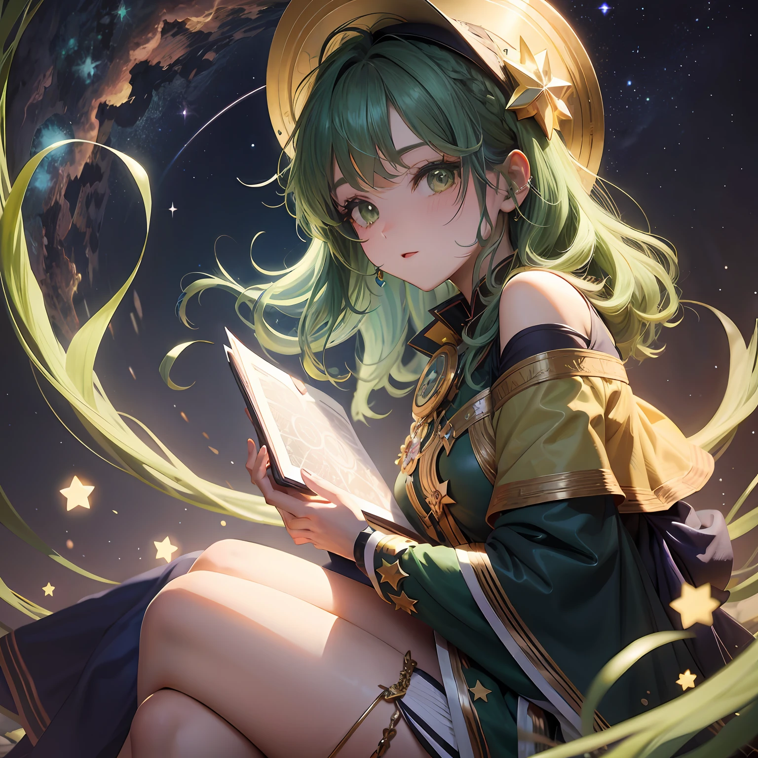 Anime girl with green hair and hat reading a book, beautiful celestial mage, portrait knights of zodiac girl, anime fantasy illustration, Anime art wallpaper 8k, anime girl with cosmic hair, anime art wallpaper 4k, anime art wallpaper 4k, guweiz on pixiv artstation, anime style 4 k, artwork in the style of guweiz