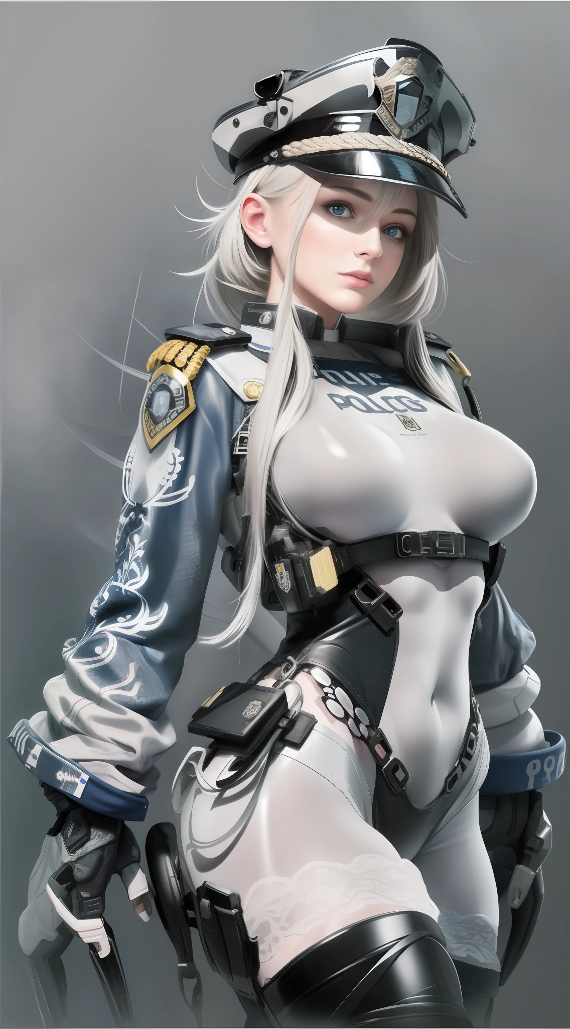 Best picture quality，tmasterpiece，woman，Blue and white police uniforms，Perfectly proportioned body，Exquisite facial features，Hyper-realistic，greybackground