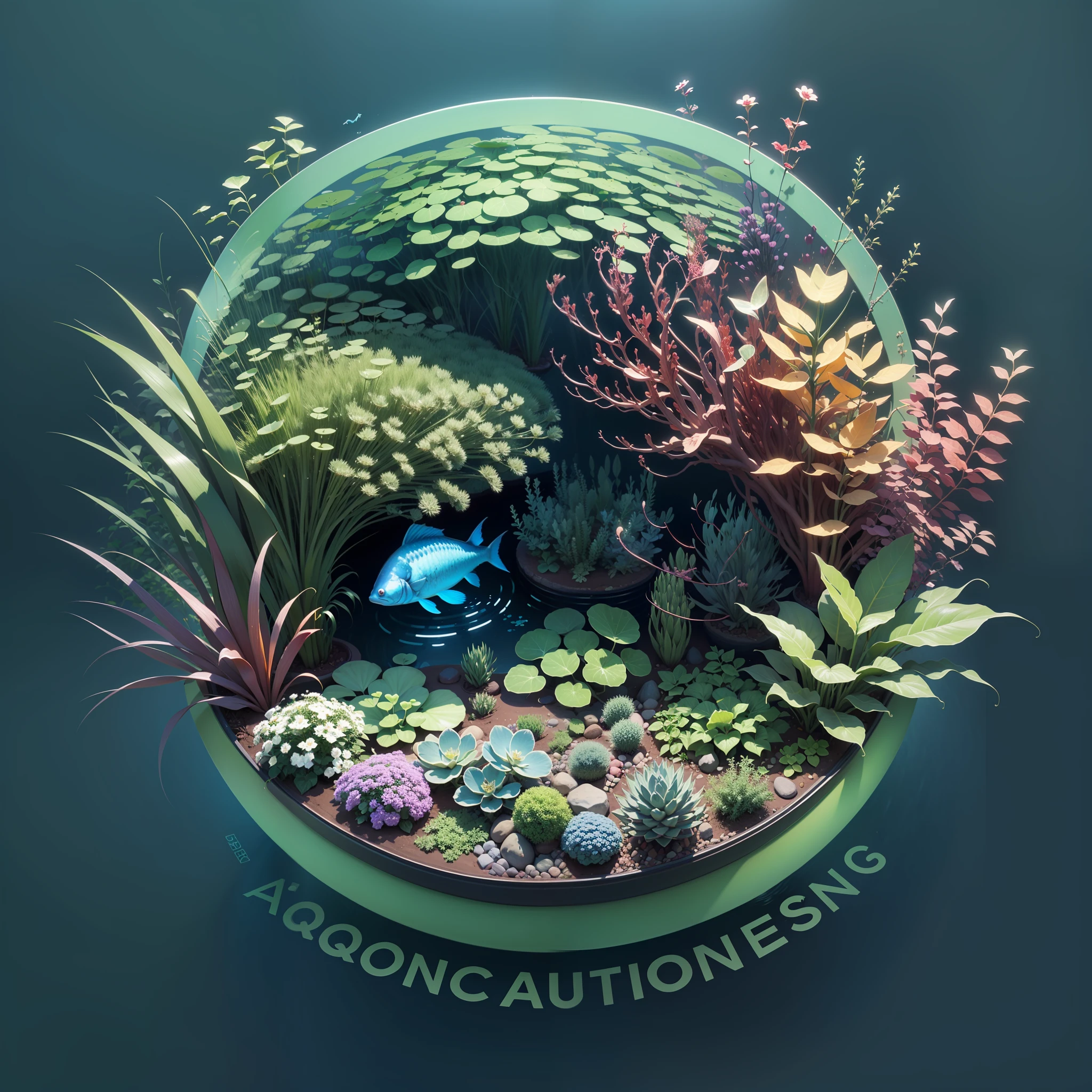 Design a vibrant and captivating logo - an aquaponic gardening venture. The logo should feature a circular design representing the journey of growth and harmony. Incorporate elements such as a graceful fish swimming in the center, surrounded by lush and vibrant vegetables, showcasing the perfect synergy between aquatic life and plant growth. Use a color scheme with #32345b (dark blue) to represent water, #c82e2e (red) for the fish to symbolize vitality, and an 89% apple green shade for the vegetables, representing sustainability and freshness. Along the outer edge, include artistic vertical towers, signifying the integration of aquaponics and vertical farming. The logo should exude a sense of growth, balance, and eco-friendly practices, capturing the essence of the aquaponic gardening concept. --auto
