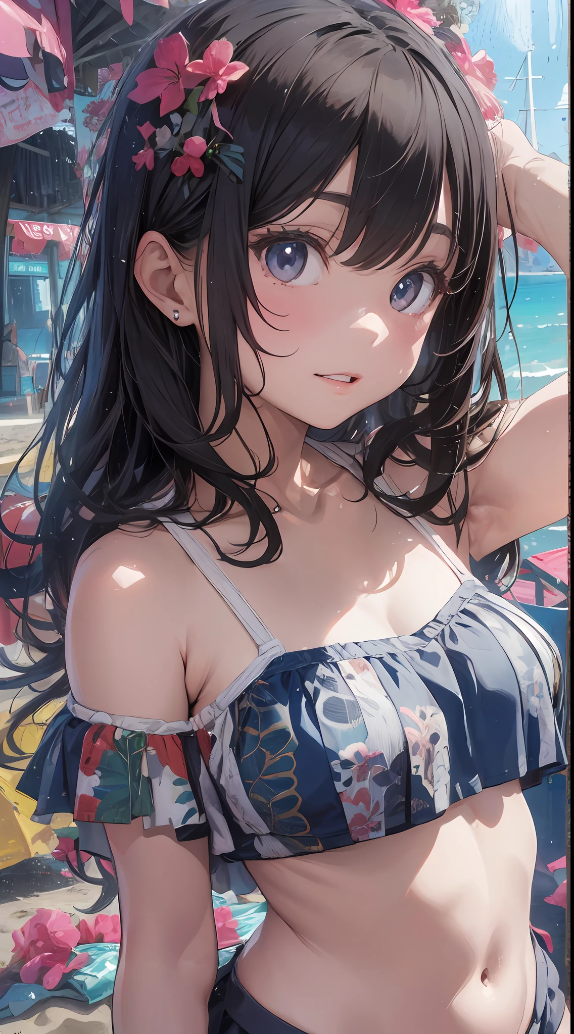 White off-the-shoulder bikini on the beach in Palau（Bikini without shoulder straps、No shoulder straps、Shoulder out）Surreal portrait of a schoolgirl in Japan, Inspired by the technique of Antonio López, Chuck Close, Ron Mueck, Richard Estes, and Marilyn Minter.