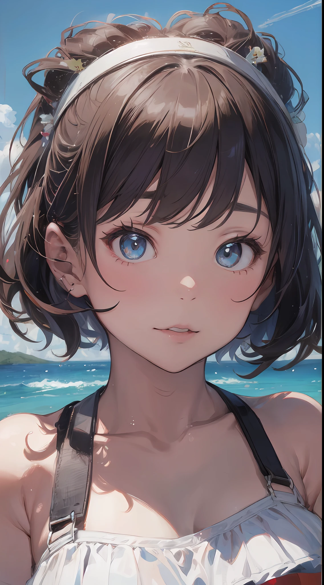 White off-the-shoulder bikini on the beach in Palau(Bikini without shoulder straps、No shoulder straps、Shoulder out)Surreal portrait of a schoolgirl in Japan, Inspired by the technique of Antonio López, Chuck Close, Ron Mueck, Richard Estes, and Marilyn Minter.