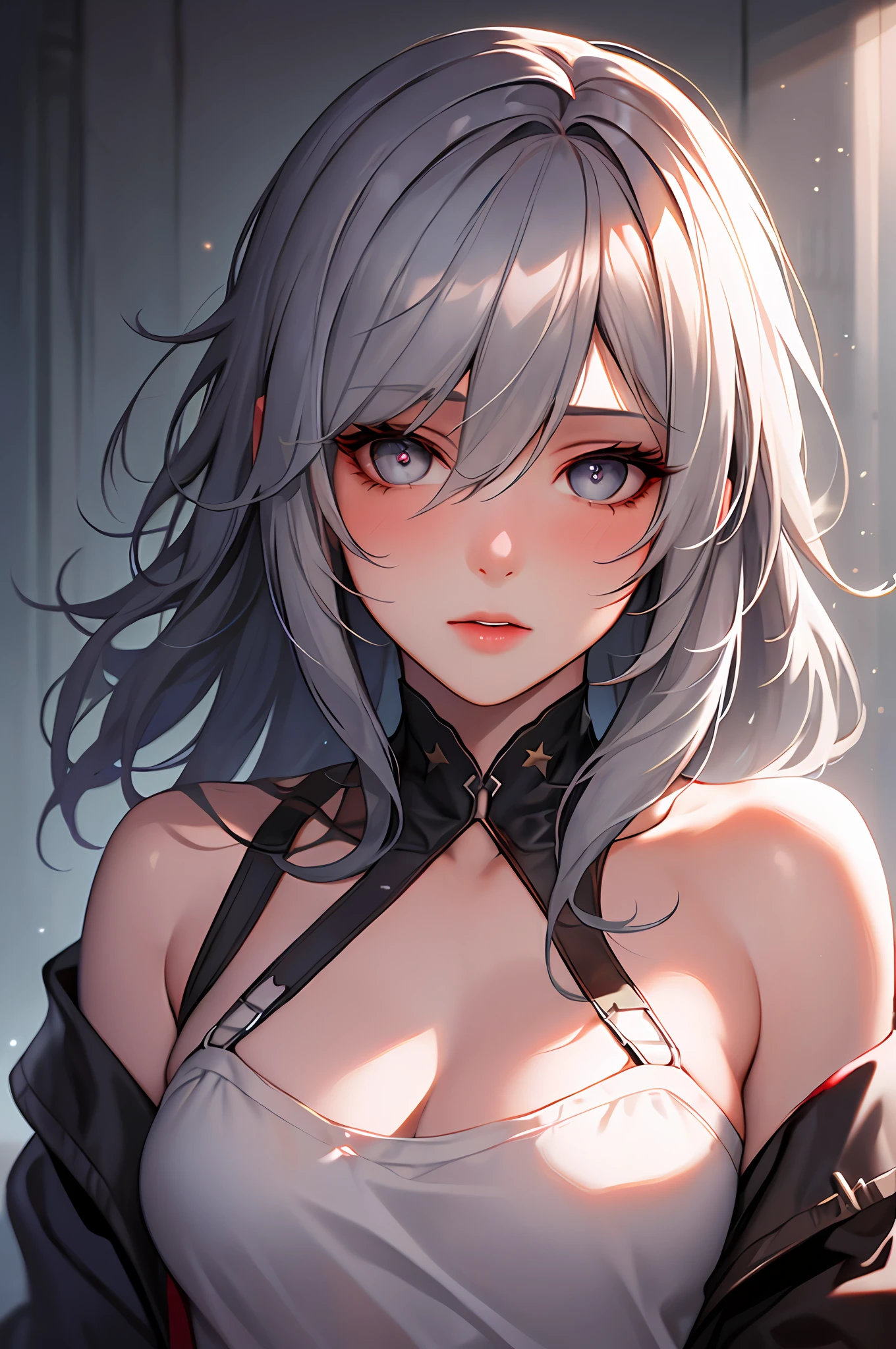 (photorealistic:1.4), (masterpiece, side dim light, finely detailed beautiful eyes: 1.2), masterpiece*portrait, realistic, 3d face, Stelle \(honkai star rail\), 1girl, white oversize T-shirt, bare shoulder, universe, rail, bangs, blush, shy, lustful eyes, medium long hair, looking at viewer, gasp, medium breasts,gray hair,