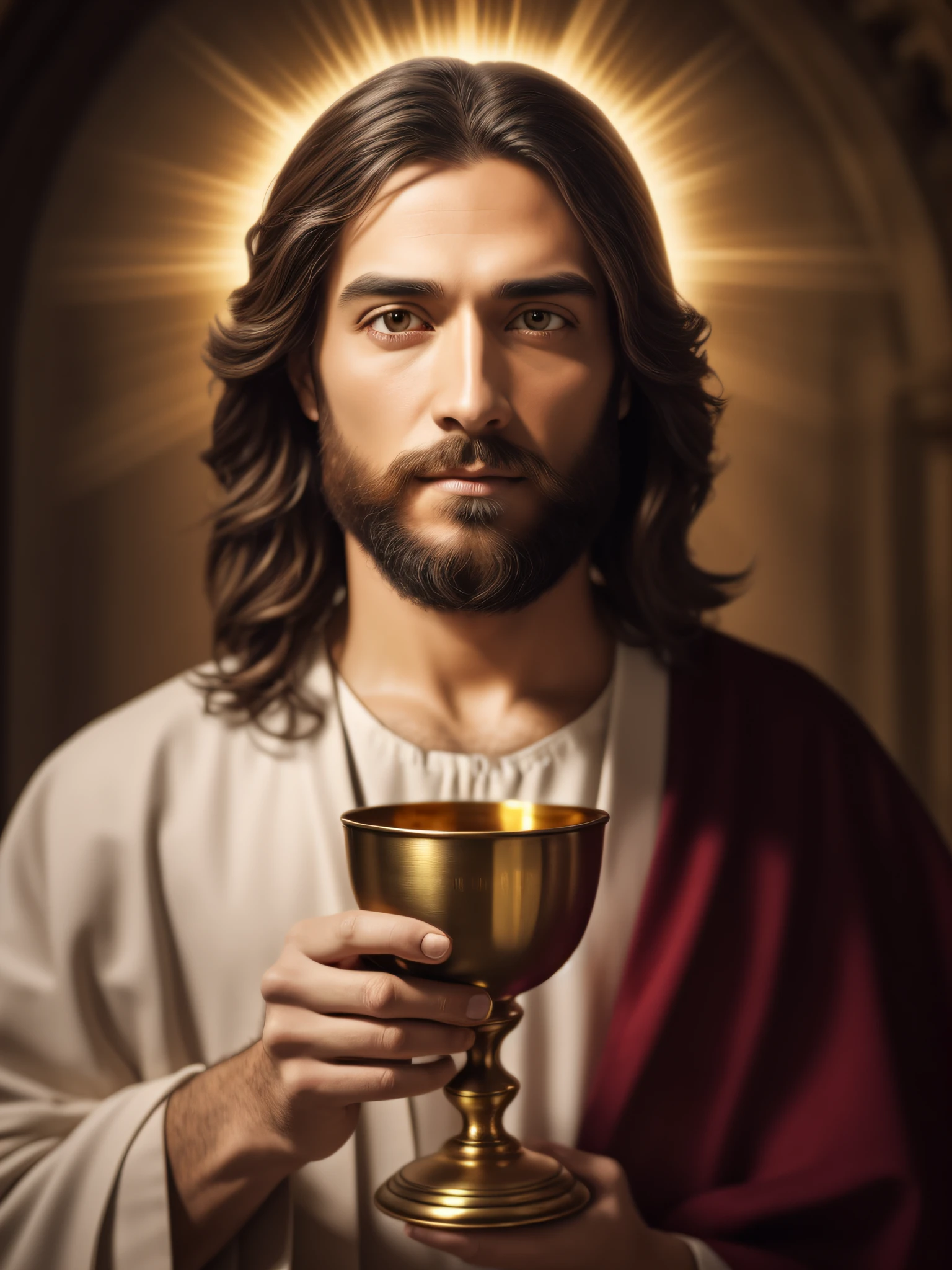 Retrato de Jesus Cristo, foto realista, ultrarrealista, cinemactic, fundo complexo escuro, luzes quentes, rays of light behind the head, pele detalhada e ultrarrealista, olhos castanhos esverdeados, barba e cabelo com texturas hiperrealistas, holding with only one hand a full golden chalice realistic, Another hidden hand, ultra-realistic white tunic and red fabric robes, UHD, profundidade de campo, foto de Jesus.