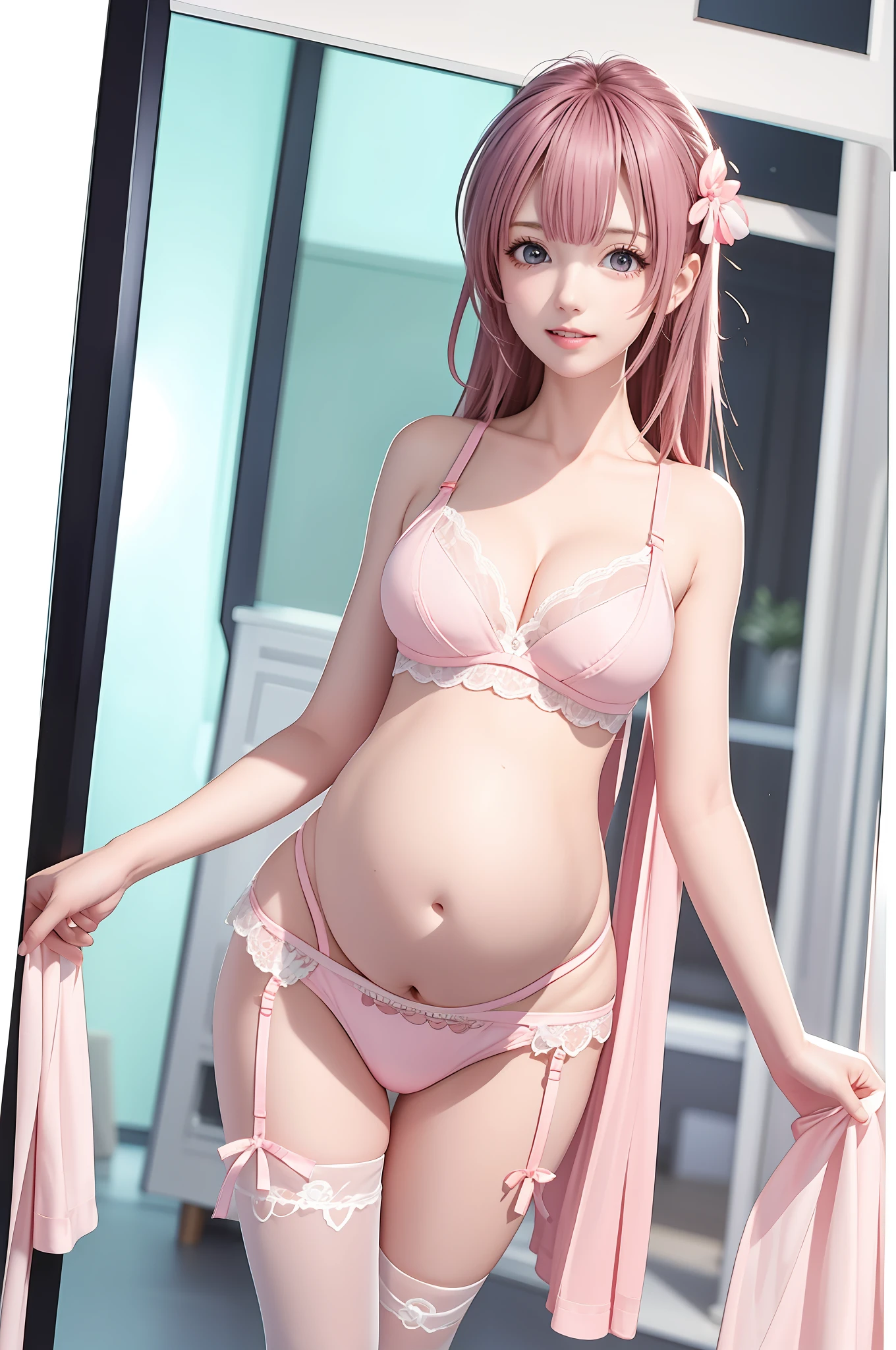 Pregnant women with,Pink erotic lingerie,(Big 1.9),quadratic element,Anime shoujo,Slim,Bare belly.