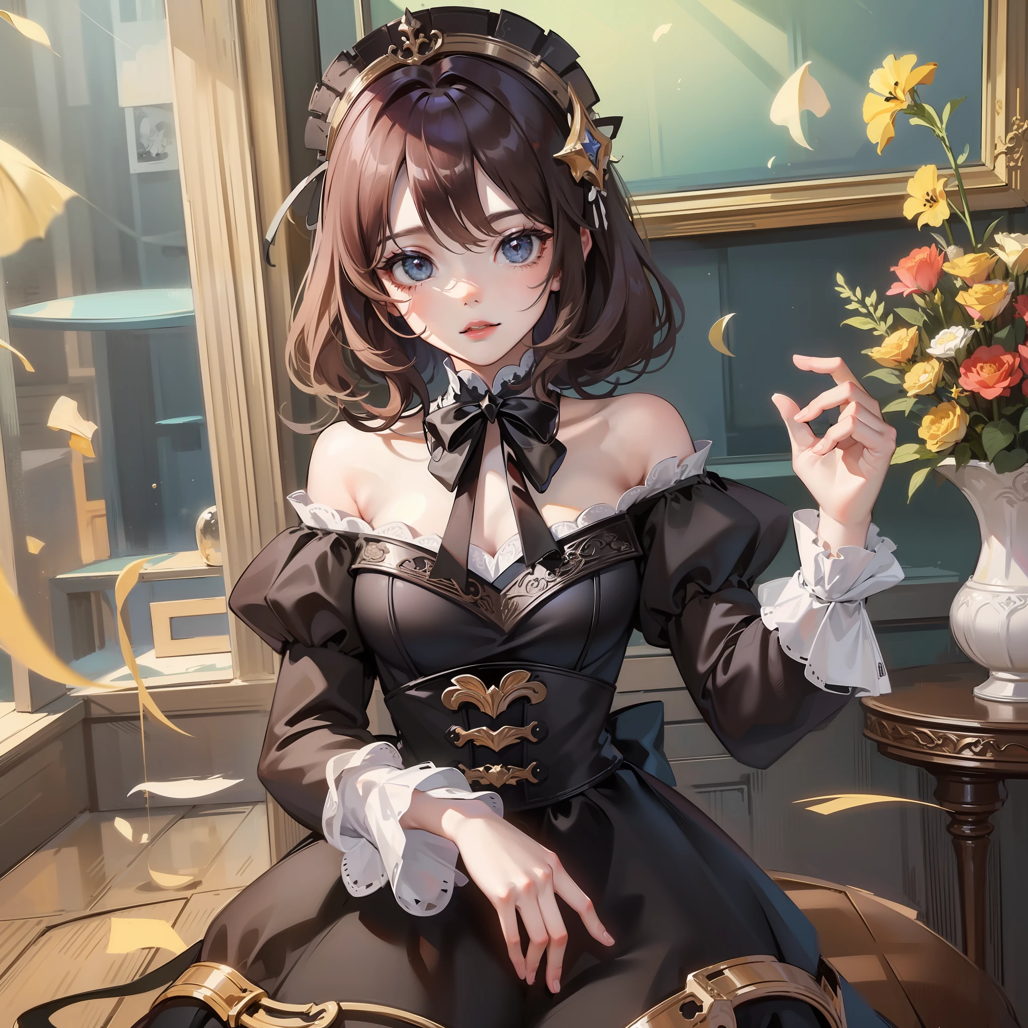 (Masterpiece:1.2), (Best quality:1.3), empyrean_psalms, 1girll, black_dress, frilld_dress, cropped shoulders_dress, Bare_bshoulders, Long_Sleeves, Star_(symbol), Lolita_Fashion,