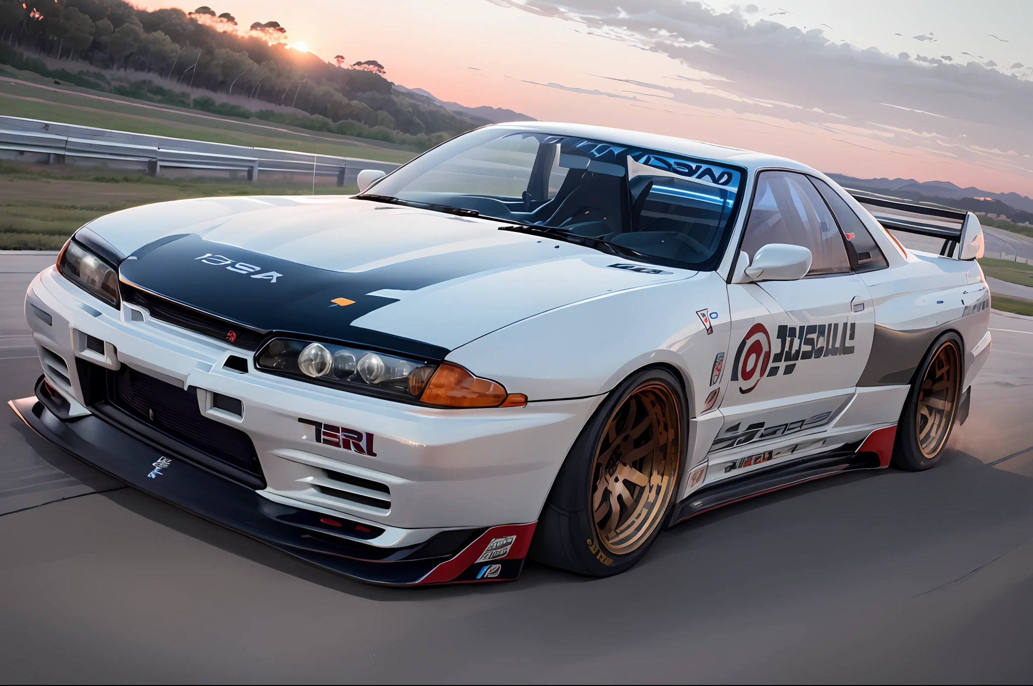 Pearl white Nissan skyline GT-R with Motul Livery, racing, Laguna Seca, sunset, dusty background, Centered, Photography, Realistic, Cinematic, Beautiful, Ultra detailed, Dramatic Lighting, chromatic aberration