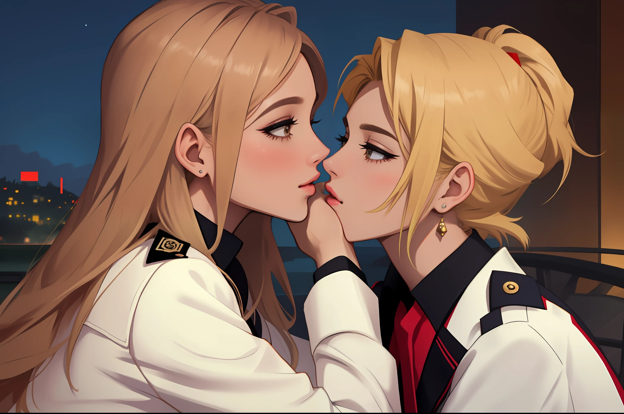 Two blonde women are kissing at night, lesbian kiss, lesbian embrace, lesbian, retrato de duas meninas loiras se beijando, beijando-se, Beijar, Duas mulheres bonitas no amor, lesbians, beijando juntos fofos, beijos juntos, Duas mulheres se beijando, beijar, beijar boca a boca, mulher loira segurando outra mulher loira, inspirado serie ELITE netflix uniforme colegial terno LAS ENCINAS, Carla Roson, Isadora Artiñan, uniforme terno LAS ENCINAS