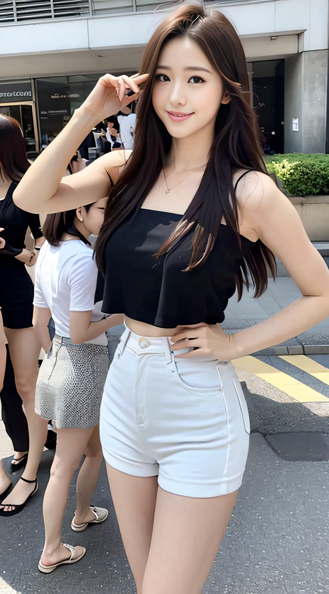 ((top-quality、8K、masterpiece:1.3))、1 tall and beautiful woman、Perfect figure:1.4、A slender 、Dark brown hairstyle、shorth hair、Silky tops、White Skinny Jeans、espadrilles、high-heels、Peach butt、No postural movement、Stand up straight、huge bust、Highly detailed facial and skin texture、A detailed eye、二重まぶた、Smile、A royal sister full of fans、full body Esbian、Peach butt、Sleeveless、Tokyo Marunouchi、street corner、Random Poses