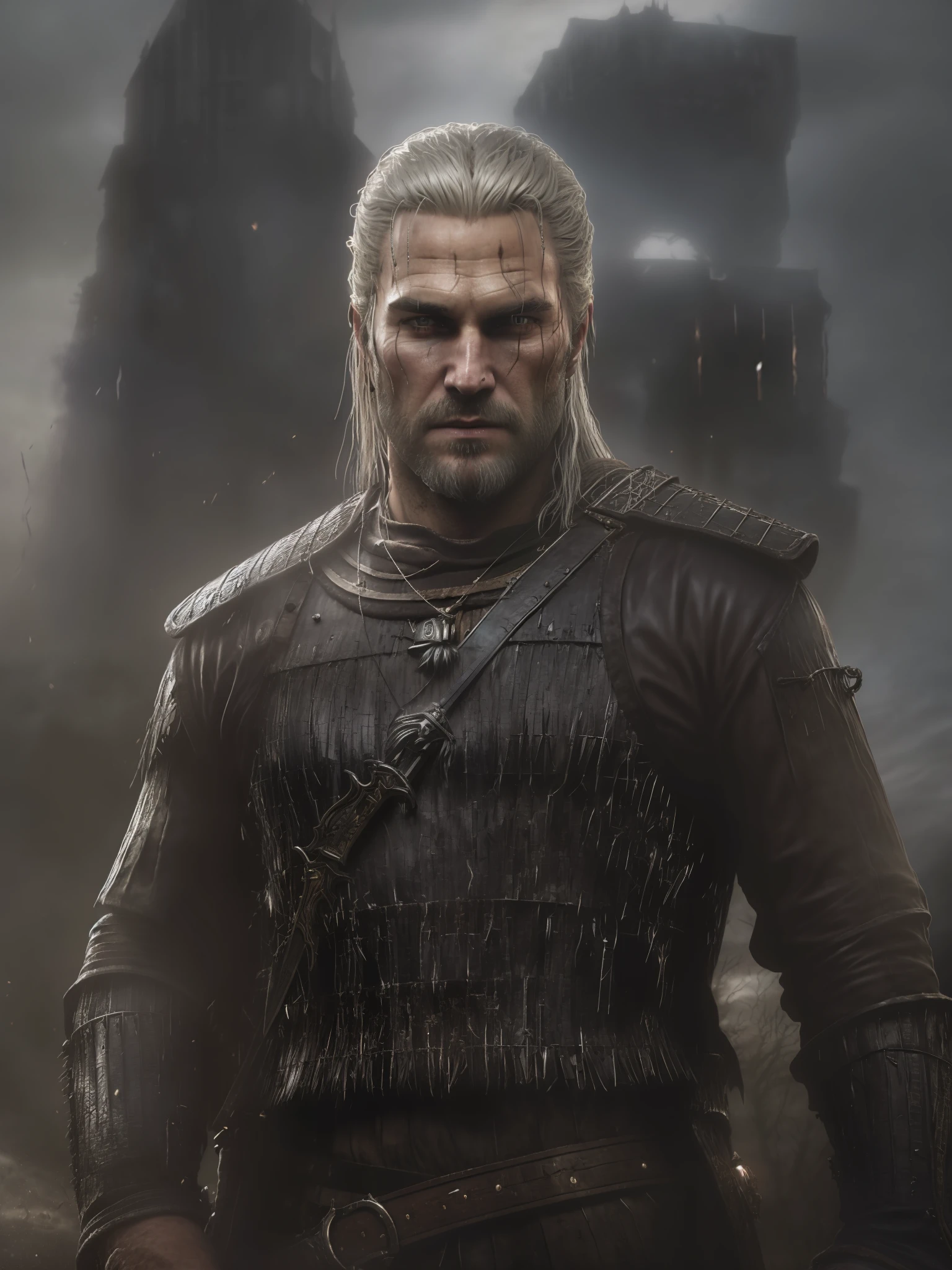 An actor Clive Standen as the Witcher, with a sword and a white shirt, he has a red scar on his face, the witcher concept art, epic portrait of menacing, character portrait art, painted character portrait, detailed character portrait, character art portrait, fantasy genre portrait, fantasy character portrait, character - portrait, epic character portrait, rpg portrait concept art, The witcher 3, realistically, dynamic lights, old, full footage, (extremely detailed 8k wallpaper of CG unit), trend in ArtStation, trend in CGSociety, high detail, sharp focus, dramatic, photorealistic
