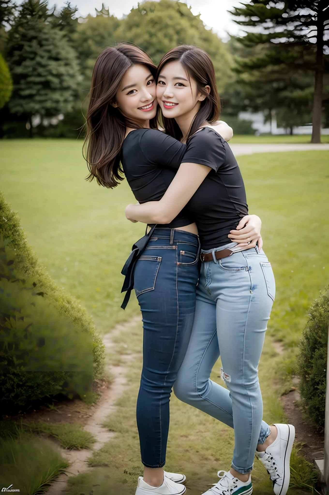 （RAW photogr，超高分辨率，tmasterpiece，best qualtiy：1.4），Complicated details，2 20 year old Korean girl，Wear a loose black T-shirt and skinny jeans，Stand on the grass and take pictures，hugs，Intimate relationships，Detailed meadow，A sweet smile on a small face，The face and skin are pink and fair，Ultra-realistic facial details，Playful and coquettish pose，The calves are straight and slender:1.5，Wear high-end branded colorful travel shoes:1.5，eventide，warm color，Broad lighting，naturalshadow，Shoot from the back，Show the perfect waist and hips，taking a full body photo:1.8