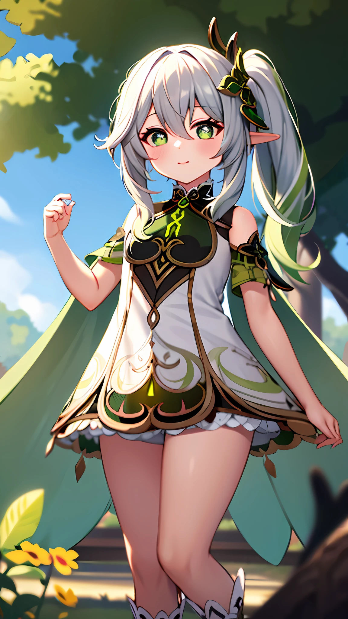masterpiece, best quality, 1girl, solo, nahida_genshin, cross-shaped pupils, default_dress, green cape, standing