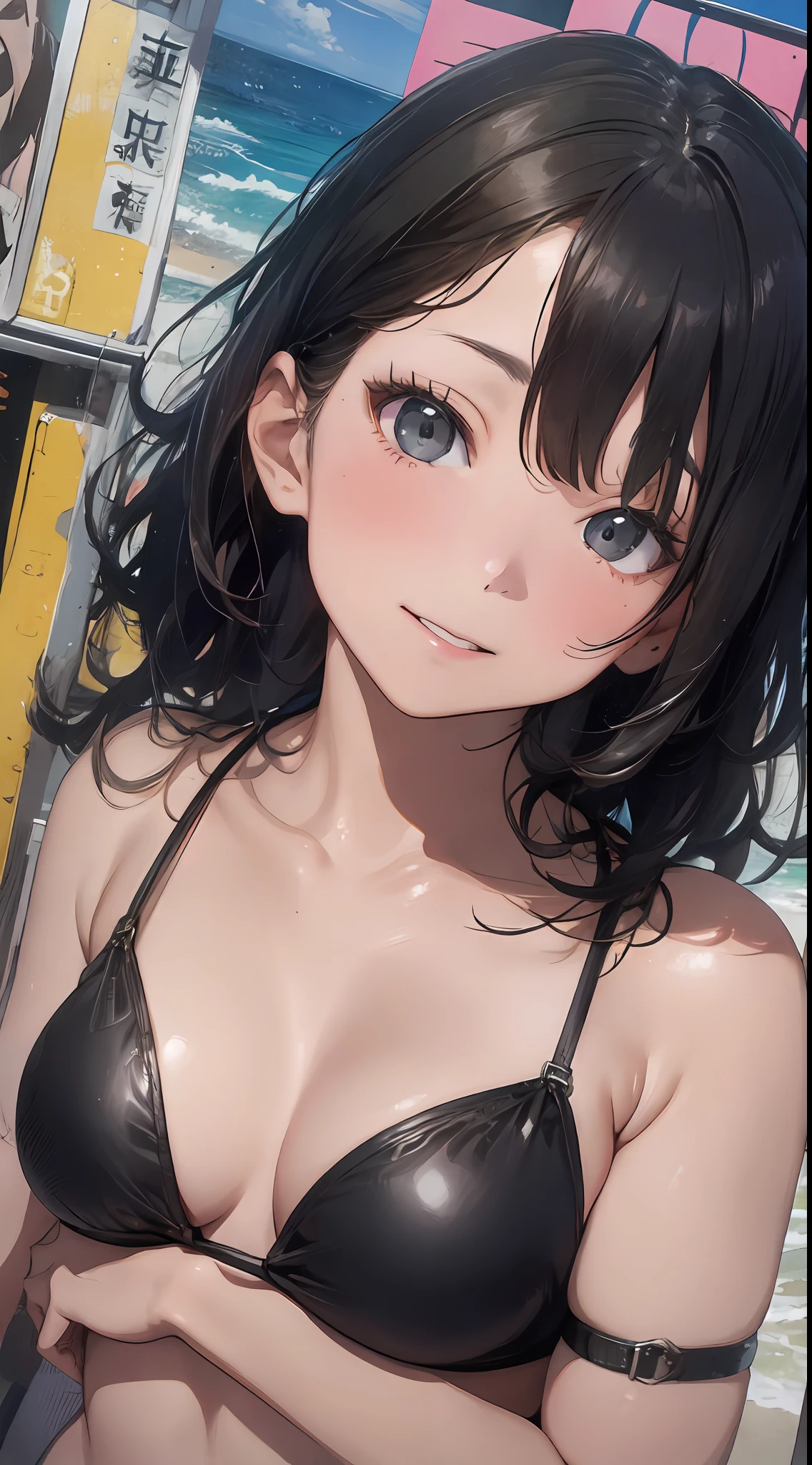 Antonio Lopez、Chuck Close、Ron Mueck、Richard Estes、Inspired by Marilyn Minter's technique、Surreal portrait of Japan middle school student in black off-the-shoulder bikini on the beach in Palau。