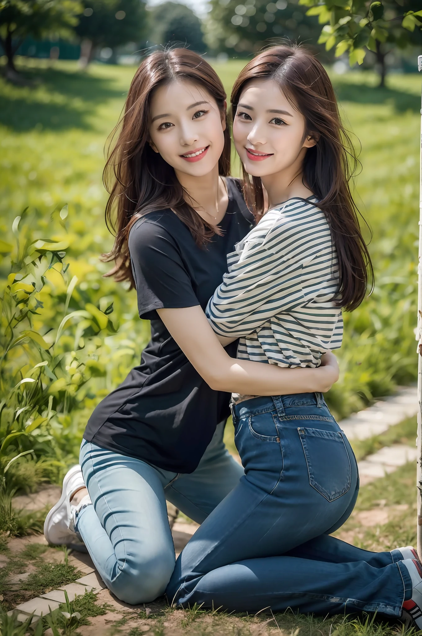 (RAW photogr,超高分辨率,tmasterpiece,best qualtiy:1.4),Complicated details,2 20 year old Korean girl,Wear a loose black T-shirt and skinny jeans,Stand on the grass and take pictures,hugs,Intimate relationships,Detailed meadow,A sweet smile on a small face,The face and skin are pink and fair,Ultra-realistic facial details,Playful and coquettish pose,The calves are straight and slender:1.5,Wear high-end branded colorful travel shoes:1.5,eventide,warm color,Broad lighting,naturalshadow,Shoot from the back,Beautiful waist and hips,taking a full body photo:1.8
