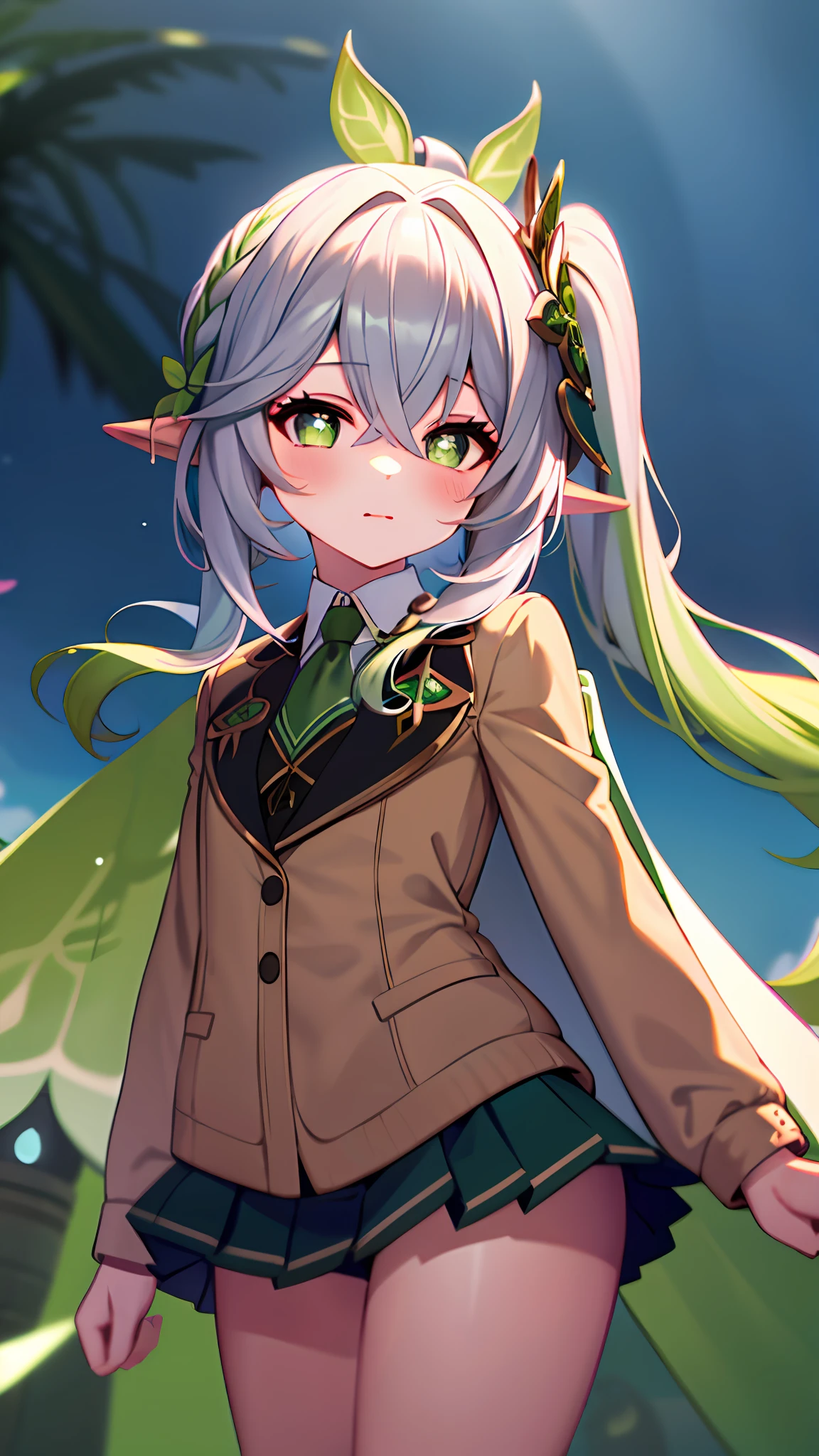 masterpiece, best quality, 1girl, solo, nahida_genshin, cross-shaped pupils, school uniform, green tie, blazer, pleated skirt, green cape, standing