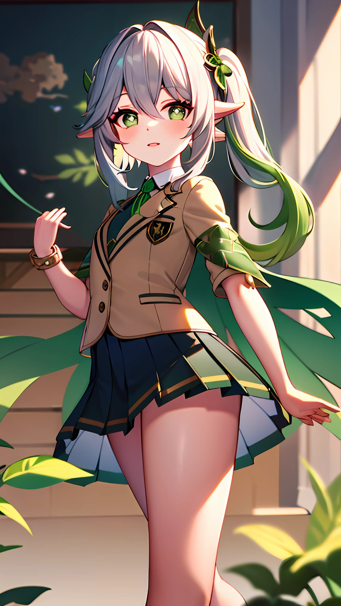 masterpiece, best quality, 1girl, solo, nahida_genshin, cross-shaped pupils, school uniform, green tie, blazer, pleated skirt, green cape, standing