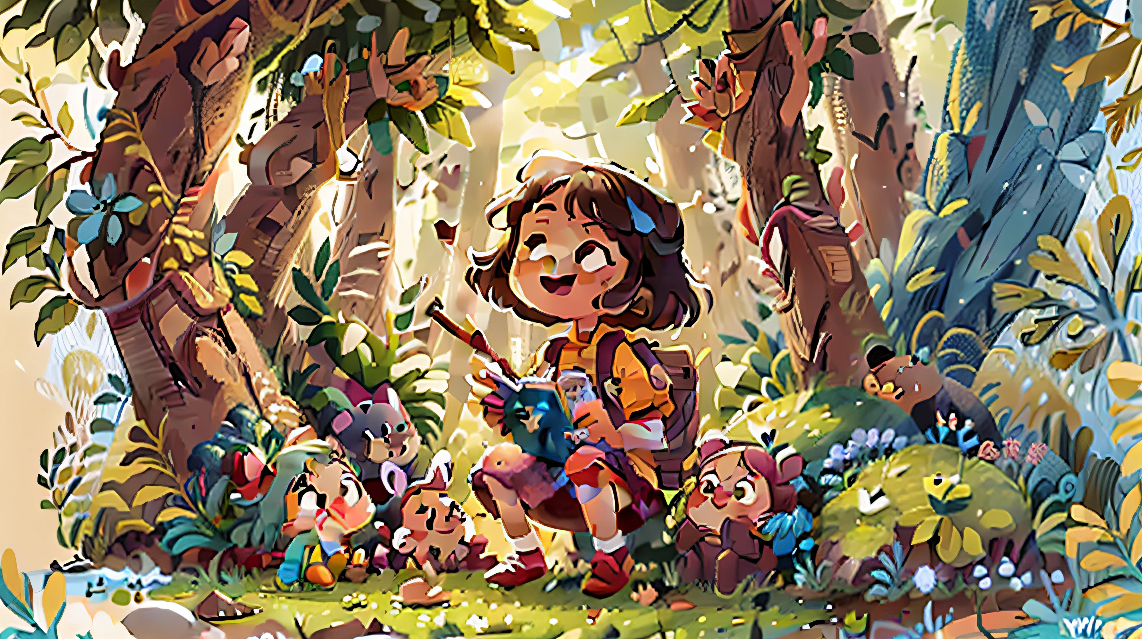 Crie uma menina de 6 anos, roupa jardineira azul, feliz em uma floresta, encontrando um coelhinho feliz, desenho ilustrativo, fofa,estilo ilustrativo infantil, foco claro, qualidade perfeita, painting digital adorable, Bucolic style, artes simples