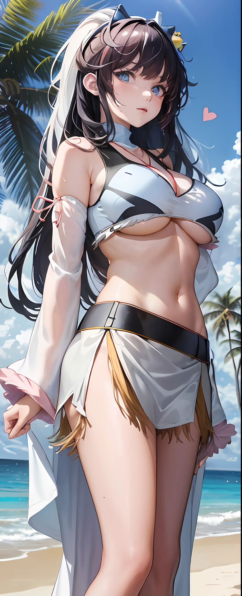 art by Cornflower,dream magical,(an beautiful,s,anime-style girl,Blue eyes and long black hair,Dressed in pale yellow,Shiny,longer sleeves,Bare chest,Long skirt swimsuit,Pink big breasts,white and yellow,The heart poses on it,both hands on hip,In front of the beach and bright blue sky,There are clouds inside,Palm trees are in the background on both sides of the picture, And there are a lot of blue and yellow fish swimming in the sea,There is also a police helicopter,There were lights flying over the girl),huge tit