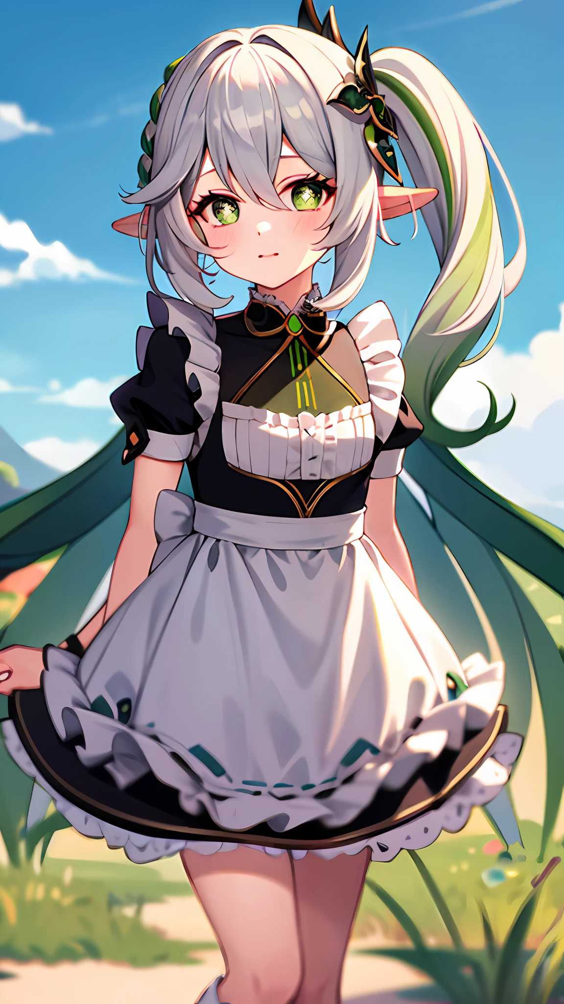 masterpiece, best quality, 1girl, solo, nahida_genshin, cross-shaped pupils, maid outfit, green cape, standing