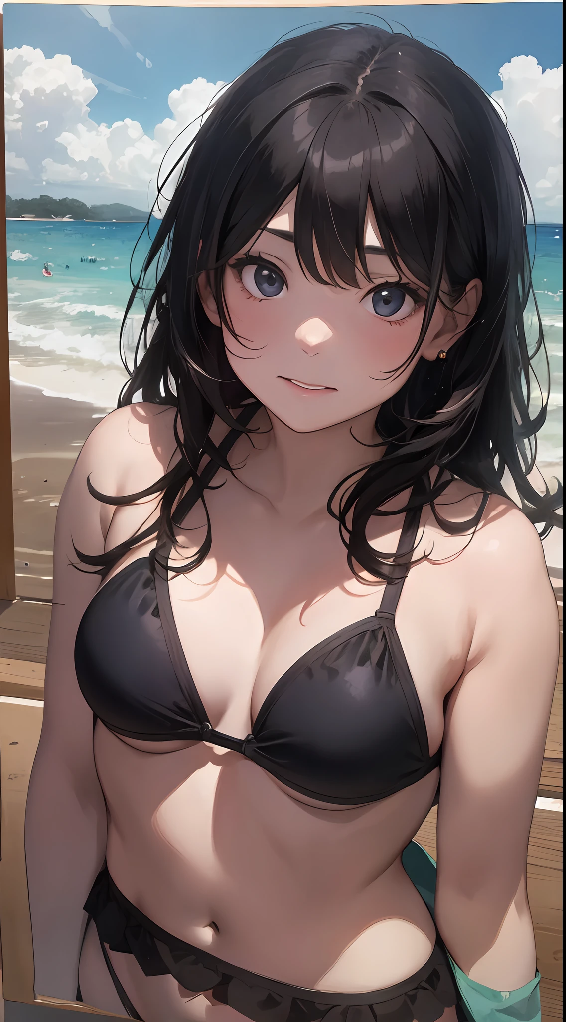 Antonio Lopez、Chuck Close、Ron Mueck、Richard Estes、Inspired by Marilyn Minter's technique、Hyperrealistic portrait of Japan middle school student wearing black off-the-shoulder bikini on the beach in Palau。
