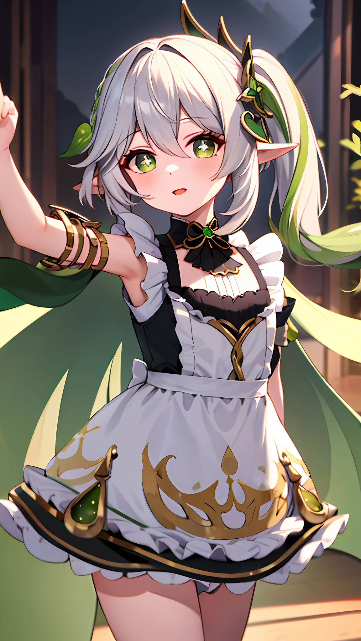 masterpiece, best quality, 1girl, solo, nahida_genshin, cross-shaped pupils, maid outfit, green cape, standing