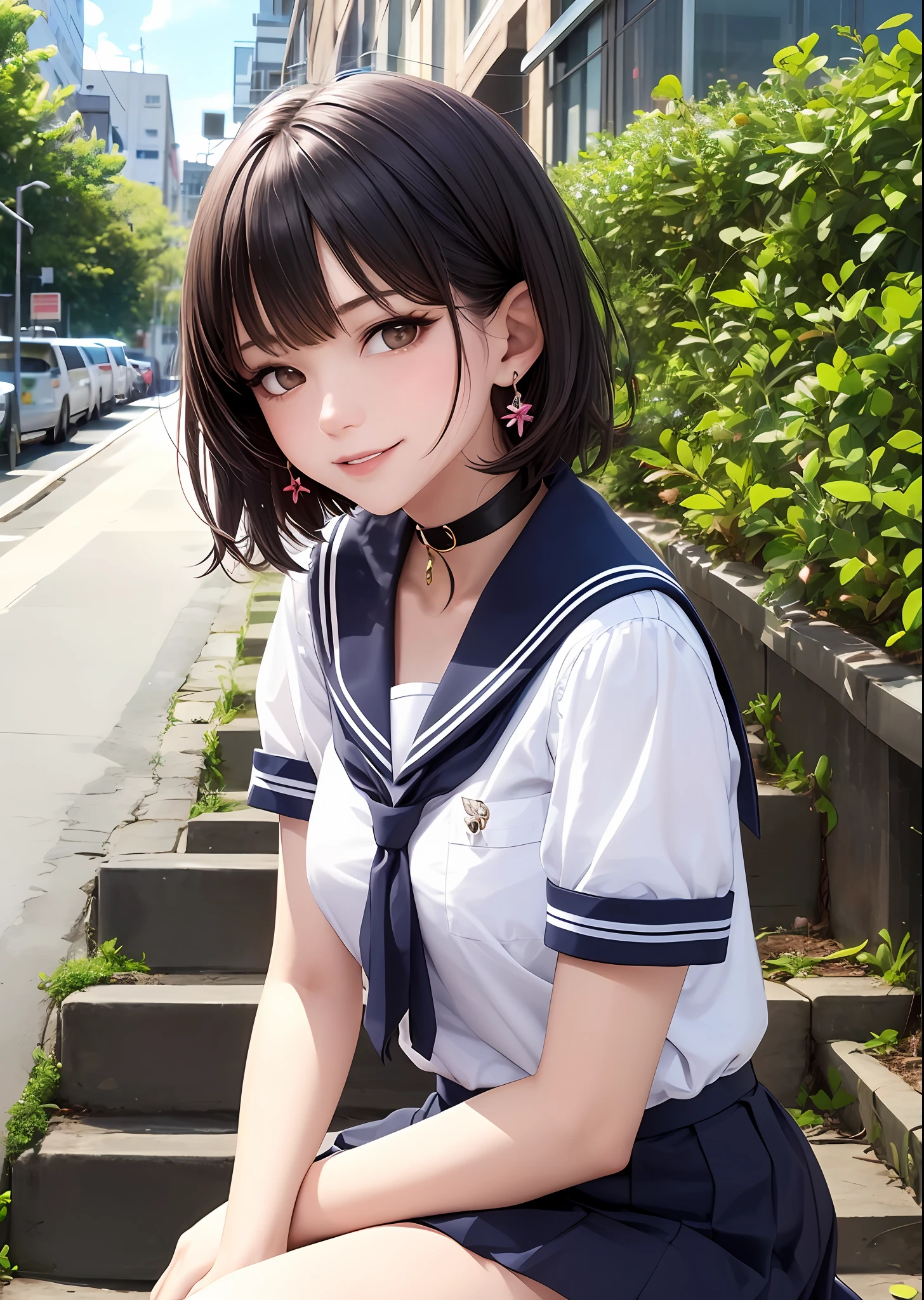 1girl, bangs, black_choker, black_hair, blue_sailor_collar, blue_skirt, bush, choker, collarbone, day, earrings, flower, jewelry, lips, looking_at_viewer, outdoors, plant, pleated_skirt, potted_plant, road, sailor_collar, school_uniform, serafuku, shirt, short_hair, short_sleeves, sitting, skirt, smile, solo, stairs,