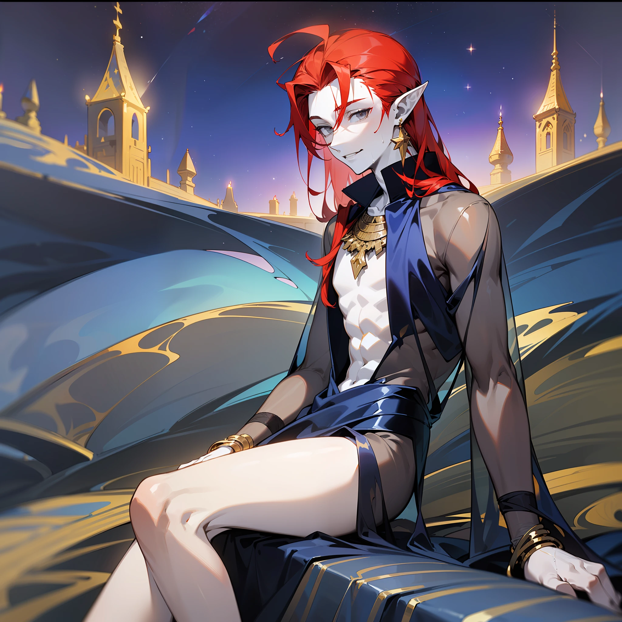 young man, (((male))), (((man))), (((one person))), single, solo, (((very pale skin))), ((pale skin)), (((red hair))), ((red colored hair)), (((grey colored eyes))), long hair, (((slim body))), twink, (((flat chest))), (((fantasy style))), (((wearing only a loose piece of fabric))), (((body covered in loose transparent fabric))), ((black colored fabric)), (((blue transparent fabric))), (((black transparent fabric))), ((transparent fabric)), (((indigo colored fabric))), (wet fabric), (golden details), ((wearing golden accessories in his hair)), ((golden jewellery)), ((pointy ears)), (((grey eyes))), smooth skin, stars ornaments on the ground, star decoration, ((male face)), smiling, lake in the background, fantasy village the far distance, nighttime, candles, (sitting on a rock near the lake)