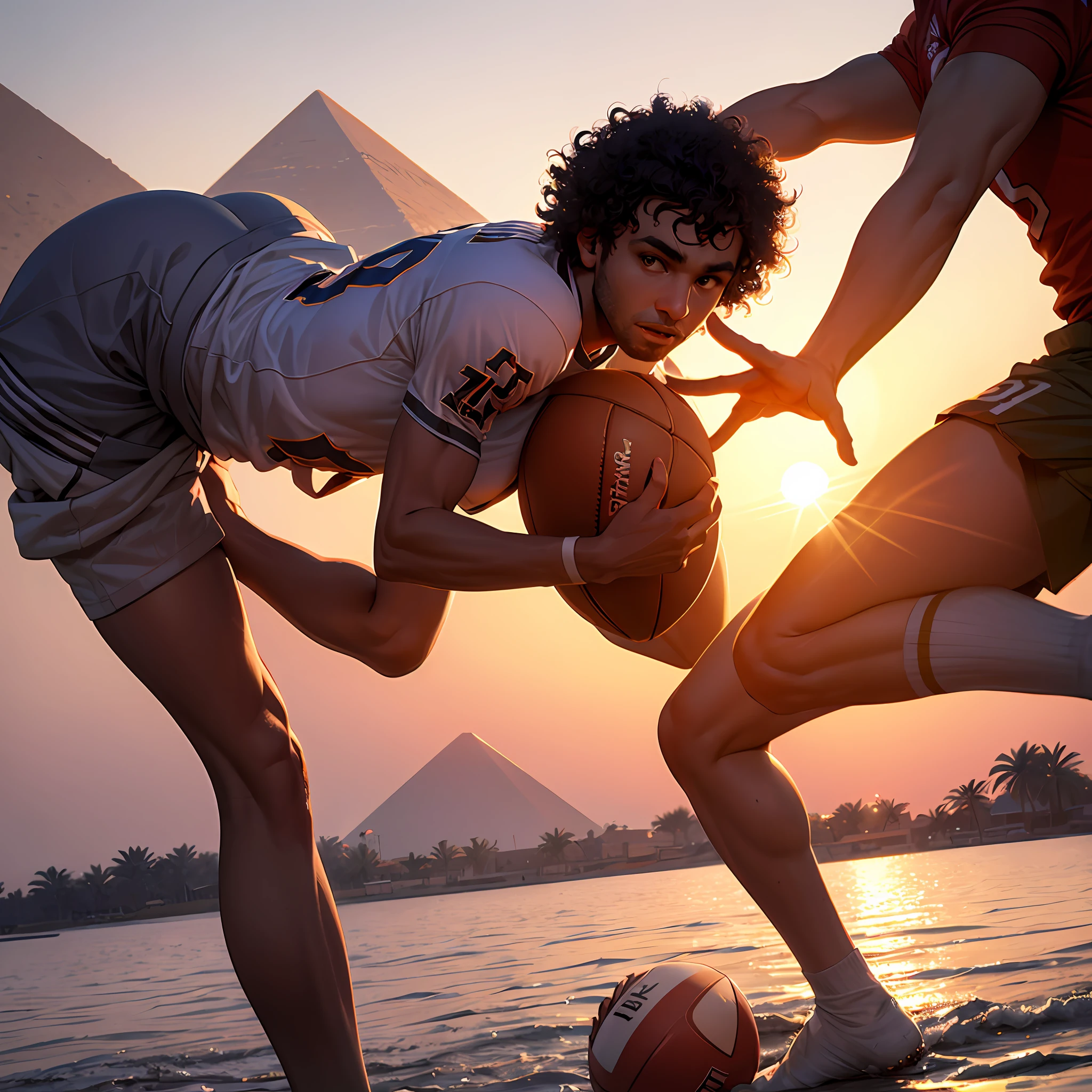 Imagine the picture of the football player Mohamed Salah with the Nile River in the background and the pyramids appear in the background during sunset Make the picture with maximum resolution for clarity --auto