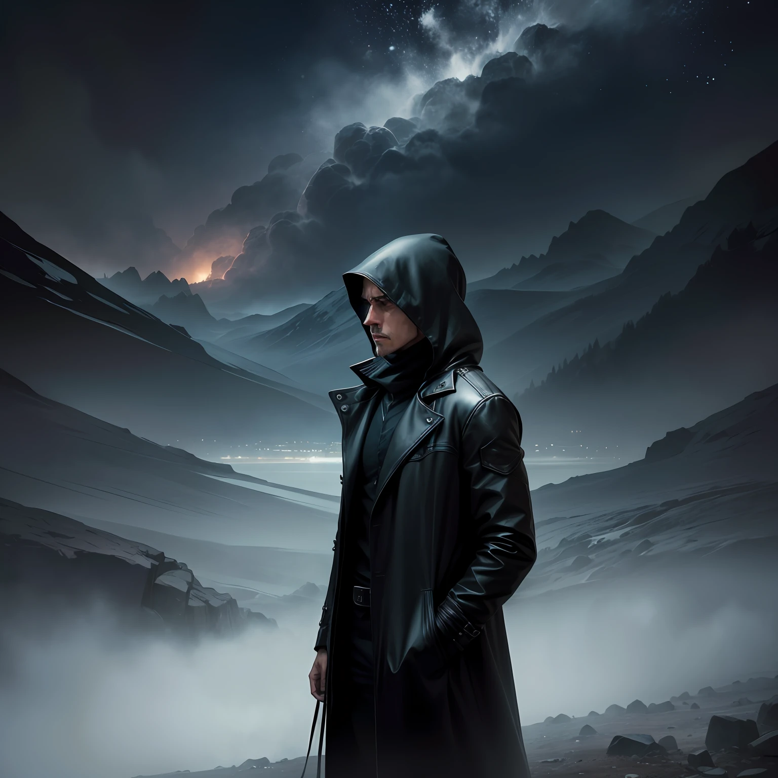 In the photograph, the scene is enveloped in a mysterious atmosphere, with a dense dark fog that fills the entire environment. The fog creates a sense of mystery and suspense, making it difficult to discern details of the surrounding scenery. In the center of the photograph, we can see a mysterious man, partially hidden by the mist. His figure is indistinct, and only some features of his appearance are noticeable. He is wearing dark clothes and a long coat, which add a touch of mystery to his presence. The man seems to be immersed in his own thoughts, with an enigmatic and introspective look. His face is lightly lit, allowing us to perceive an intriguing and indecipherable expression. The scenery around the man remains obscure and ambiguous, with only a few outlines vaguely visible. The landscape in the background seems distant and mysterious, contributing to the sense of isolation and enigma. --auto