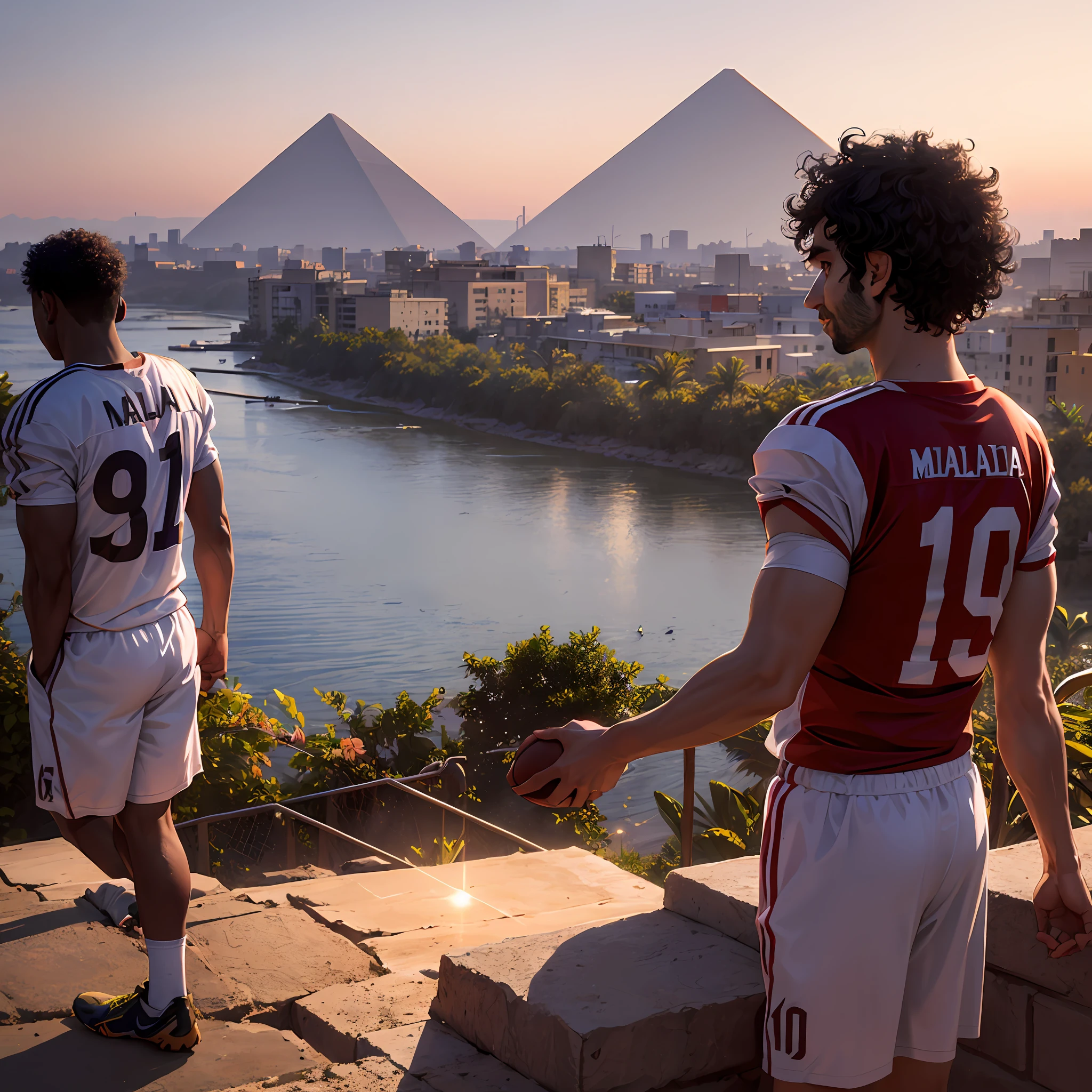 Imagine the picture of the football player Mohamed Salah with the Nile River in the background and the pyramids appear in the background during sunset Make the picture with maximum resolution for clarity --auto