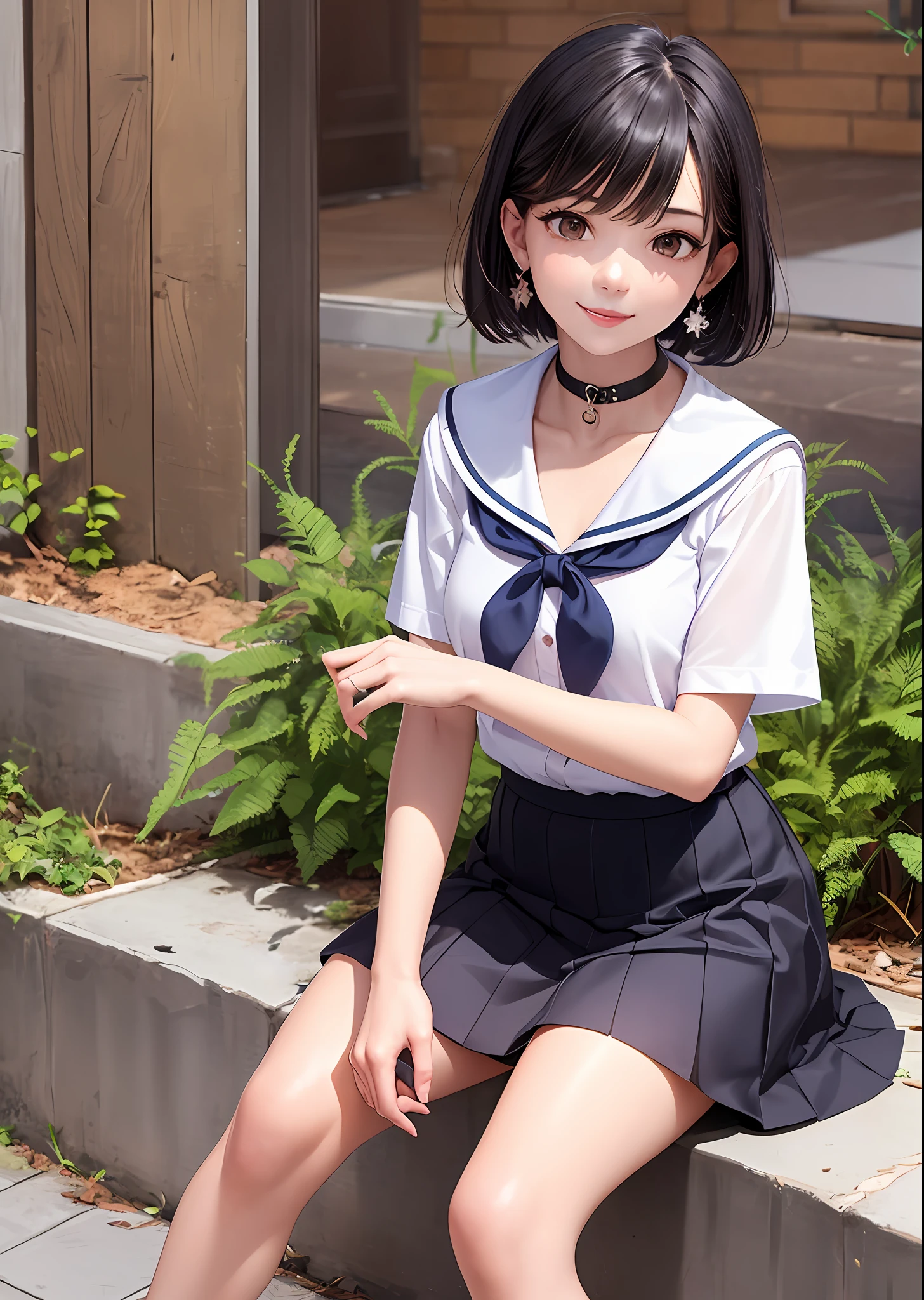 1girl, bangs, black_choker, black_hair, blue_sailor_collar, blue_skirt, bush, choker, collarbone, day, earrings, flower, jewelry, lips, looking_at_viewer, outdoors, plant, pleated_skirt, potted_plant, road, sailor_collar, school_uniform, serafuku, shirt, short_hair, short_sleeves, sitting, skirt, smile, solo, stairs,
